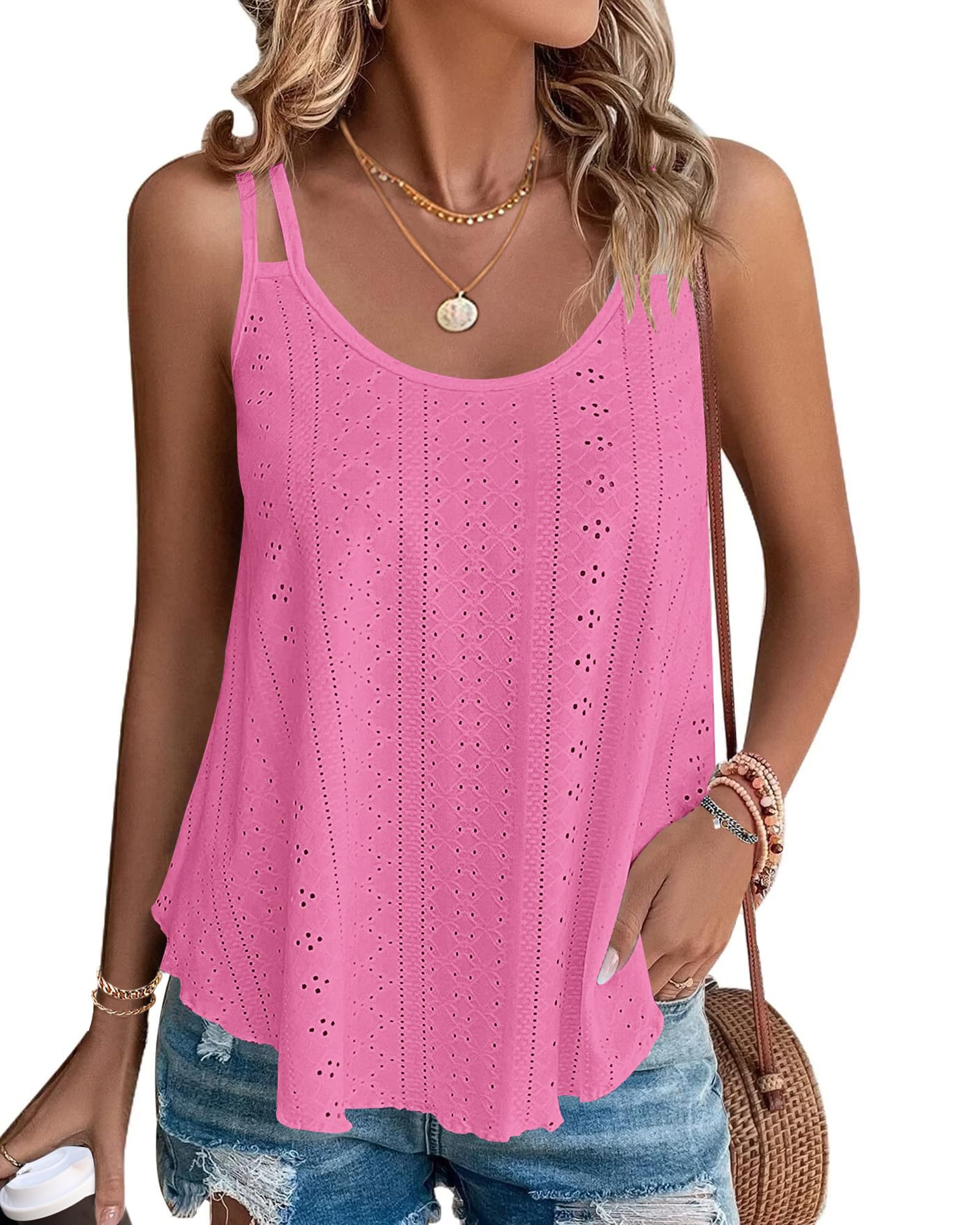 WNEEDU Damen Tank Tops Sommer Spaghetti Cami Oberteile Ärmellose Rundhalsausschnitt Blusen Top Shirts
