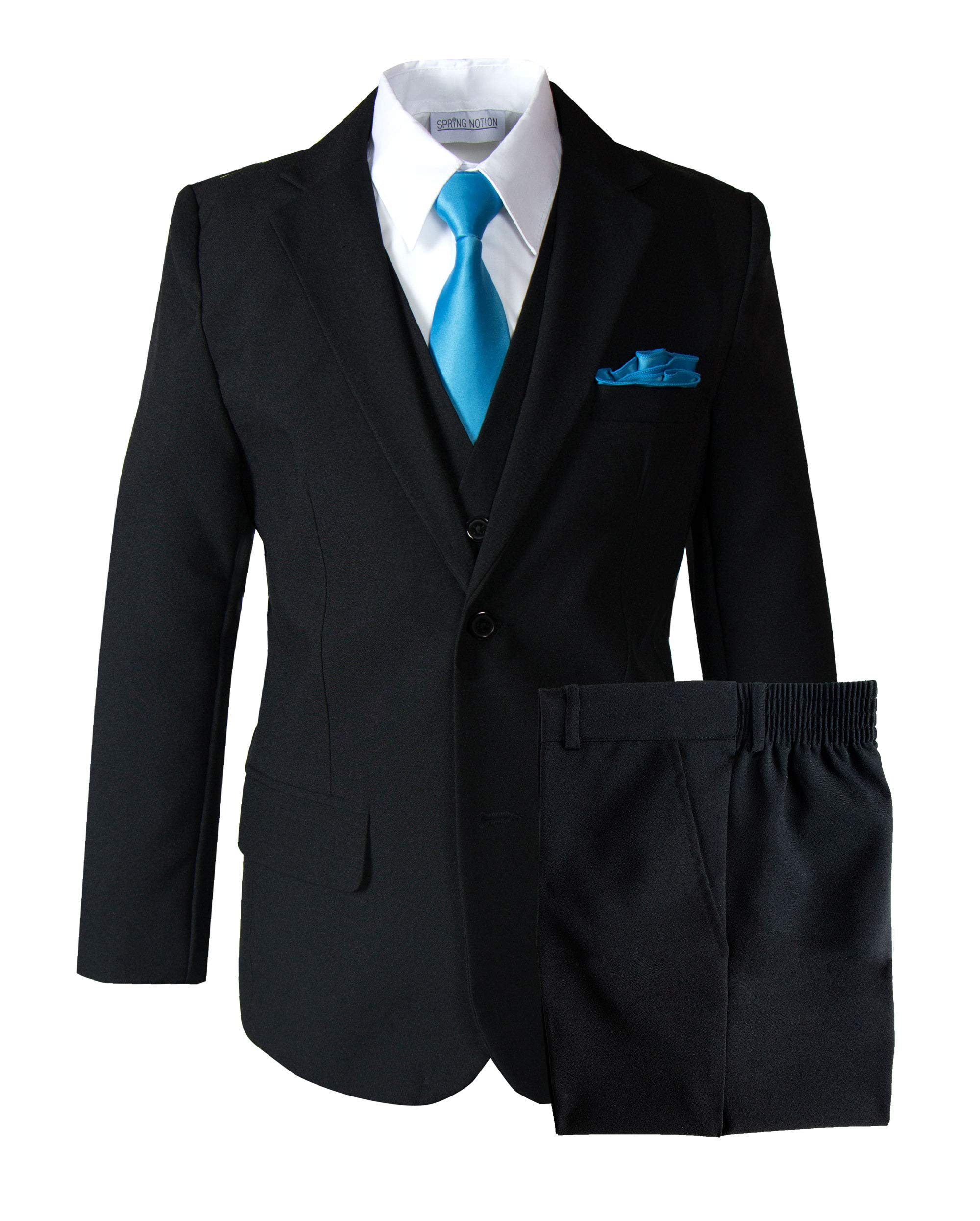 Spring Notion Baby Boys' Modern Fit Dress Suit Set with Necktie and Handkerchief Large Black-Turquoise