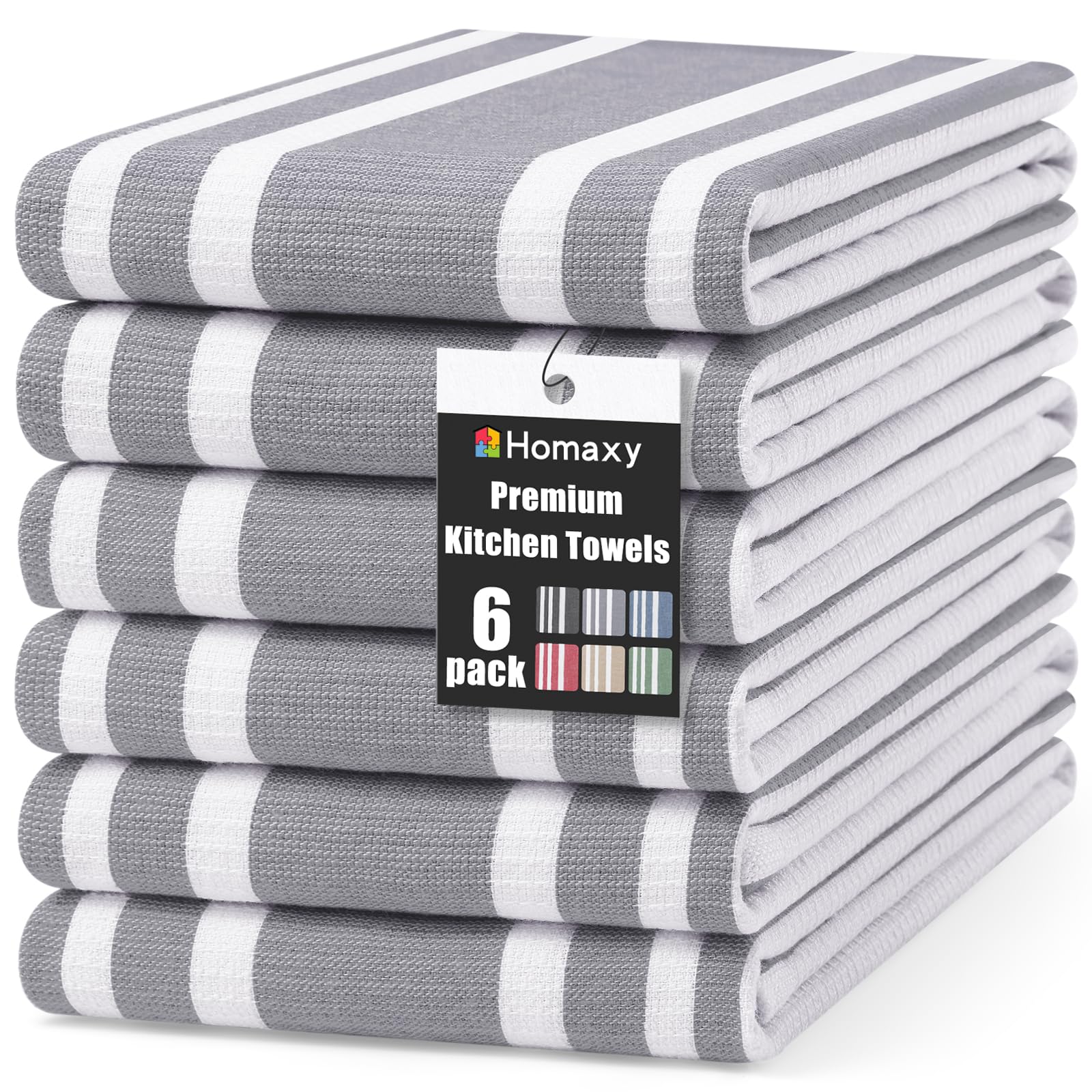 Homaxy Premium Kitchen Towels 18”x 28”, Large Cotton 380 GSM Kitchen Hand Towels, Stripe and Terry Dish Towel, Highly Absorbent Tea Towel Set with Hanging Loop, 6 Pack, Grey