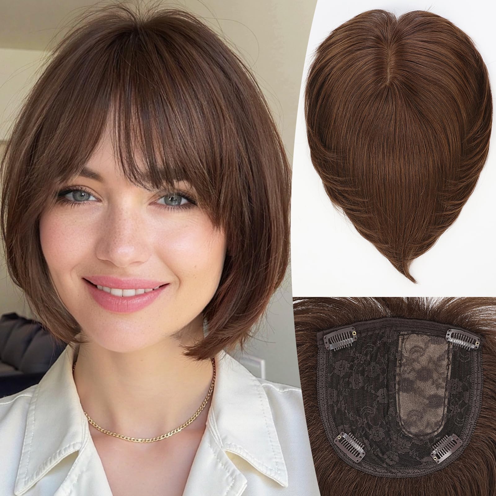 HAIRCUBE 10-Inch Human Hair Topper for Women – 6.5x6.5 Inch Silk Base, Brown Side-parted Short Bob with Bangs – Thinning Hair Solution, Covers Gray Roots, Natur