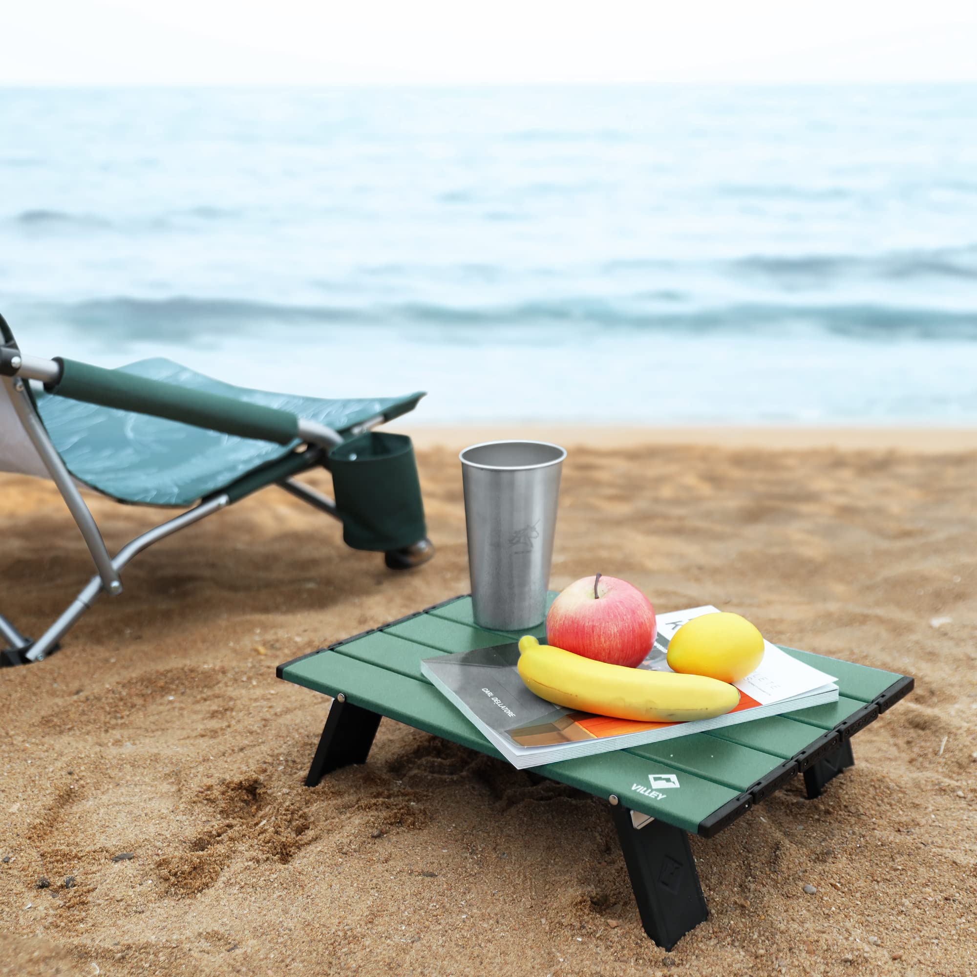 VILLEY Portable Mini Folding Beach Table, Ultralight Aluminum Side Table with Carry Bag for Camping, Picnics, and Outdoor Activities - Green
