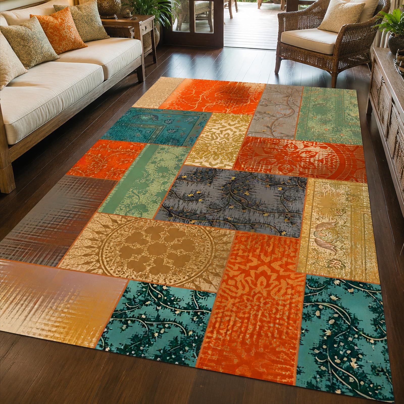 Tappeto Lavabile, Tappeti Decorativa per Tavolino Salotto, Armadio Camera da Letto, Floreale orientale Arancione Verde Giallo Beige Grigio Marrone, 80 x 160 cm