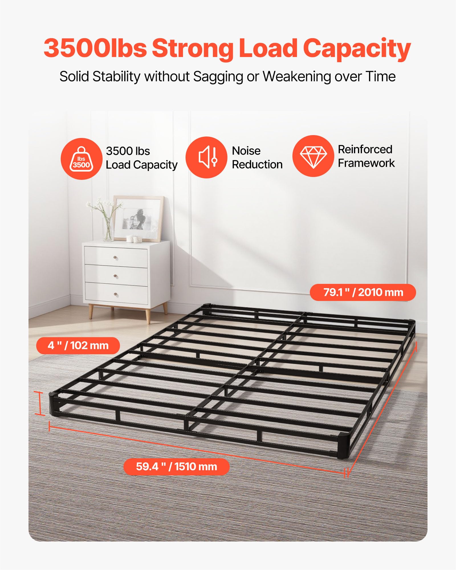 VEVOR Boxspringbettgestell (Queen-Size) mit Waschbarem Stoffbezug, Metallrahmen (2010 x 1510 x 102 mm) für Queensize-Betten, 102 mm Matratzenauflage, Max. Belastbarkeit 1587,57 kg, Matratzenfundament