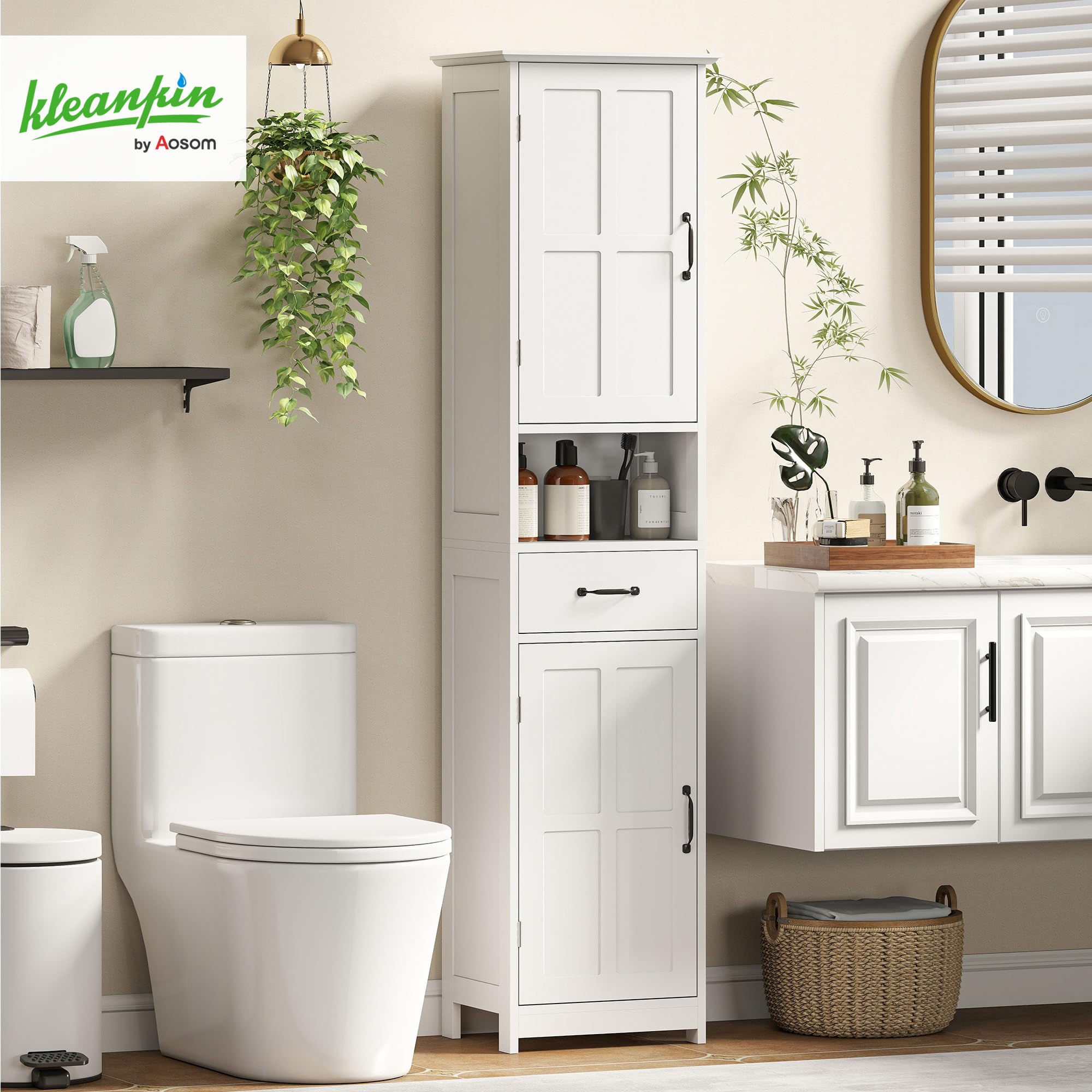 kleankin Columna de Baño Armario de Baño Alto con 2 Puertas 1 Cajón Estante Abierto y Estantes Ajustables Antivuelco 40x30x164 cm Blanco