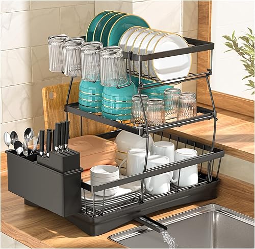 Escurridor de platos grandes de 3 niveles para encimera de cocina escurridor de platos organizador desmontable de gran capacidad con soporte para
