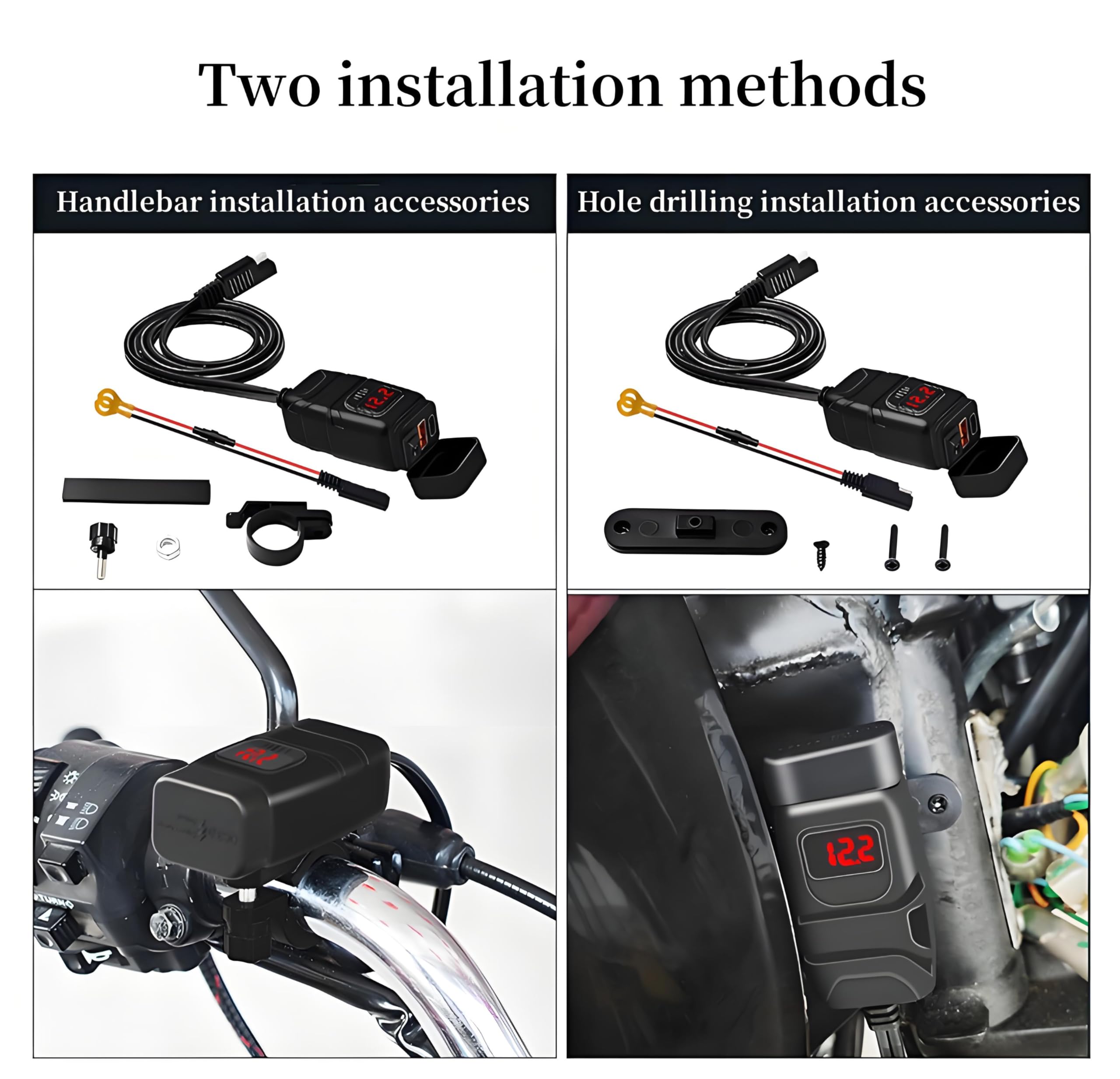Dwupak 2-portowy port USB typu C, ładowarka motocyklowa, szybkie ładowanie z woltomierzem, do telefonu, wodoodporny, ATV, UTV, uchwyt na kierownicę łodzi, czerwony