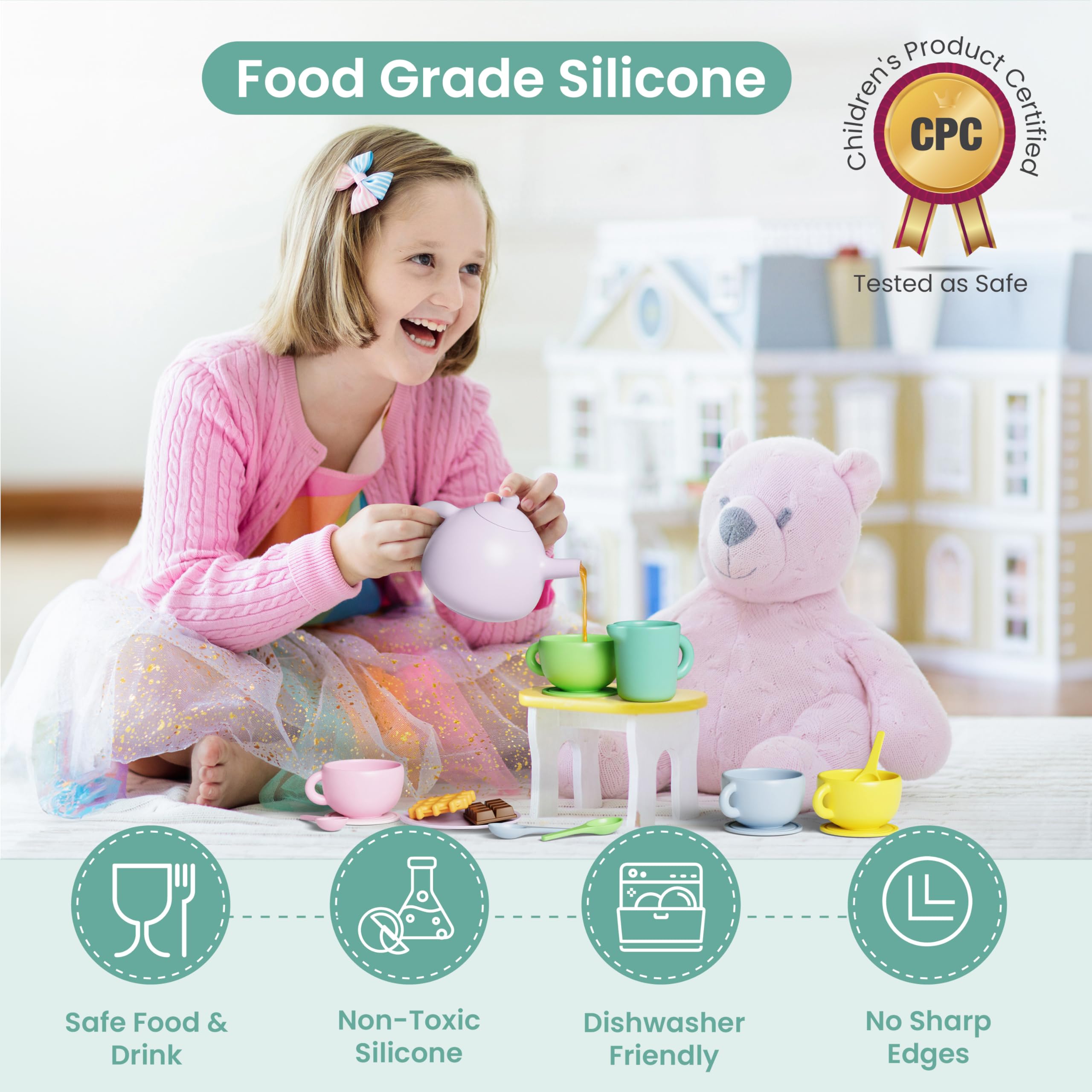 Silicone Tea Set for Kids - 18 Pcs Kids Tea Party Set - Gift Ready Storage Case and Picnic Cloth - Food Grade Silicone - Dishwasher Safe - BPA Free - Childs Tea Set - Development Play