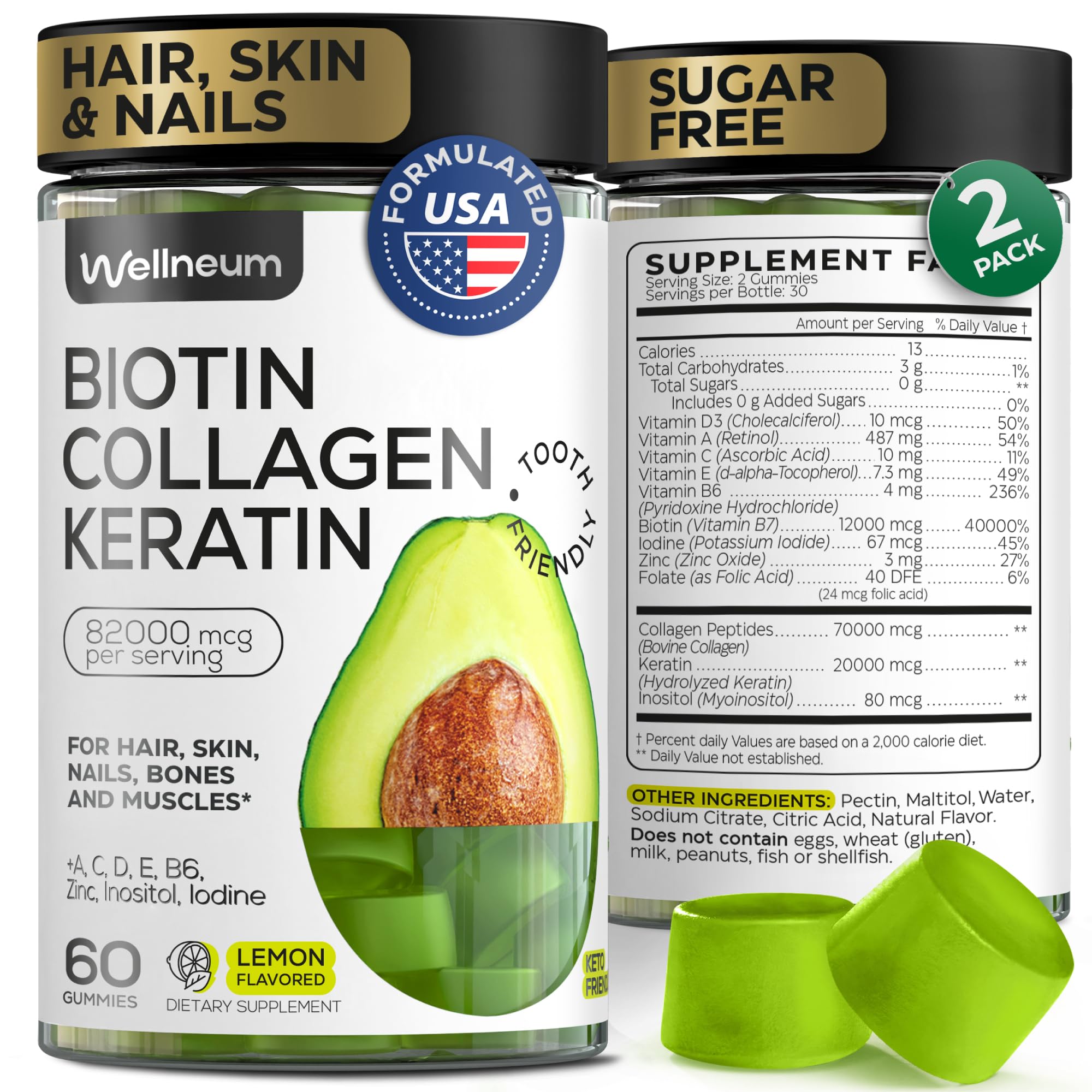 Biotin and Collagen Peptide Gummies for Hair Growth, Skin and Nails 120 Pcs (2 Pack) - 82000 Mcg - Biotin Chewables with Keratin Max Strength - Beauty Gummies for Women and Men - Sugar Free, Non-GMO