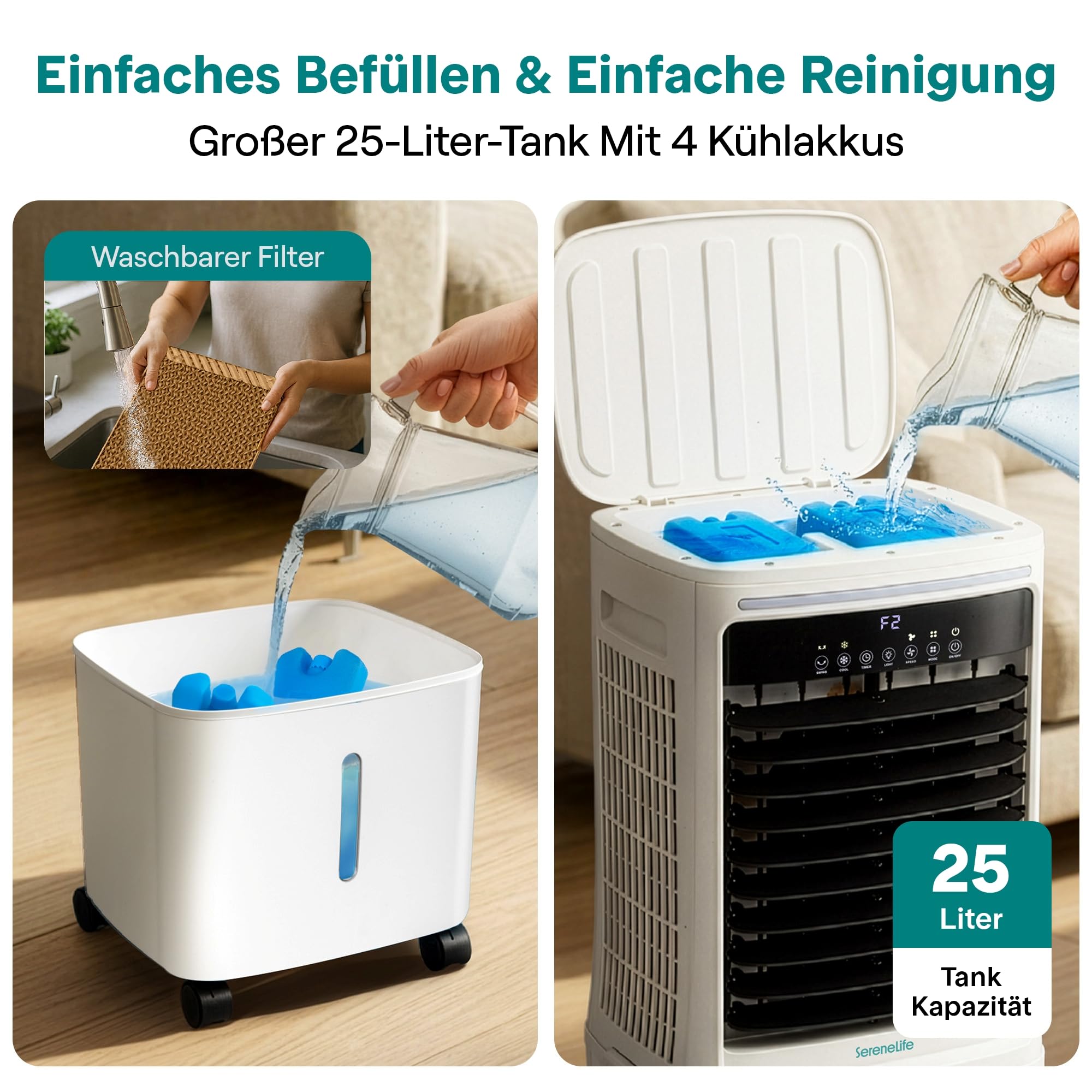 SereneLife Klimaanlage ohne Abluftschlauch, 25L Verdunstungsluftkühler für Große Räume, 1700 CFM, Kühlakku-Funktion, Timer Abnehmbarer Wassertank 80W, 60/120°Oszillation, Leise mit Rollen
