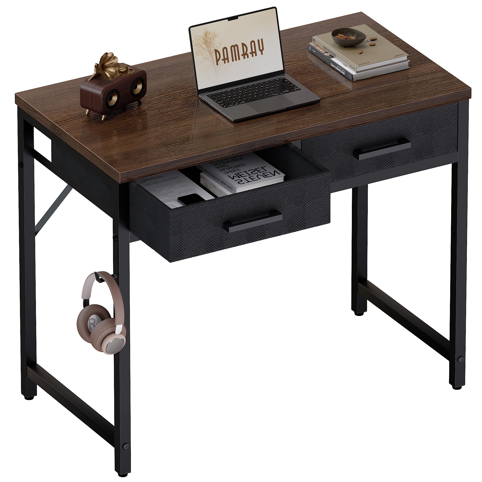 Pamray 32 Inch Small Computer Desk with 2 Drawers for Bedroom Study Writing Home Office Table for Small Spaces Brown