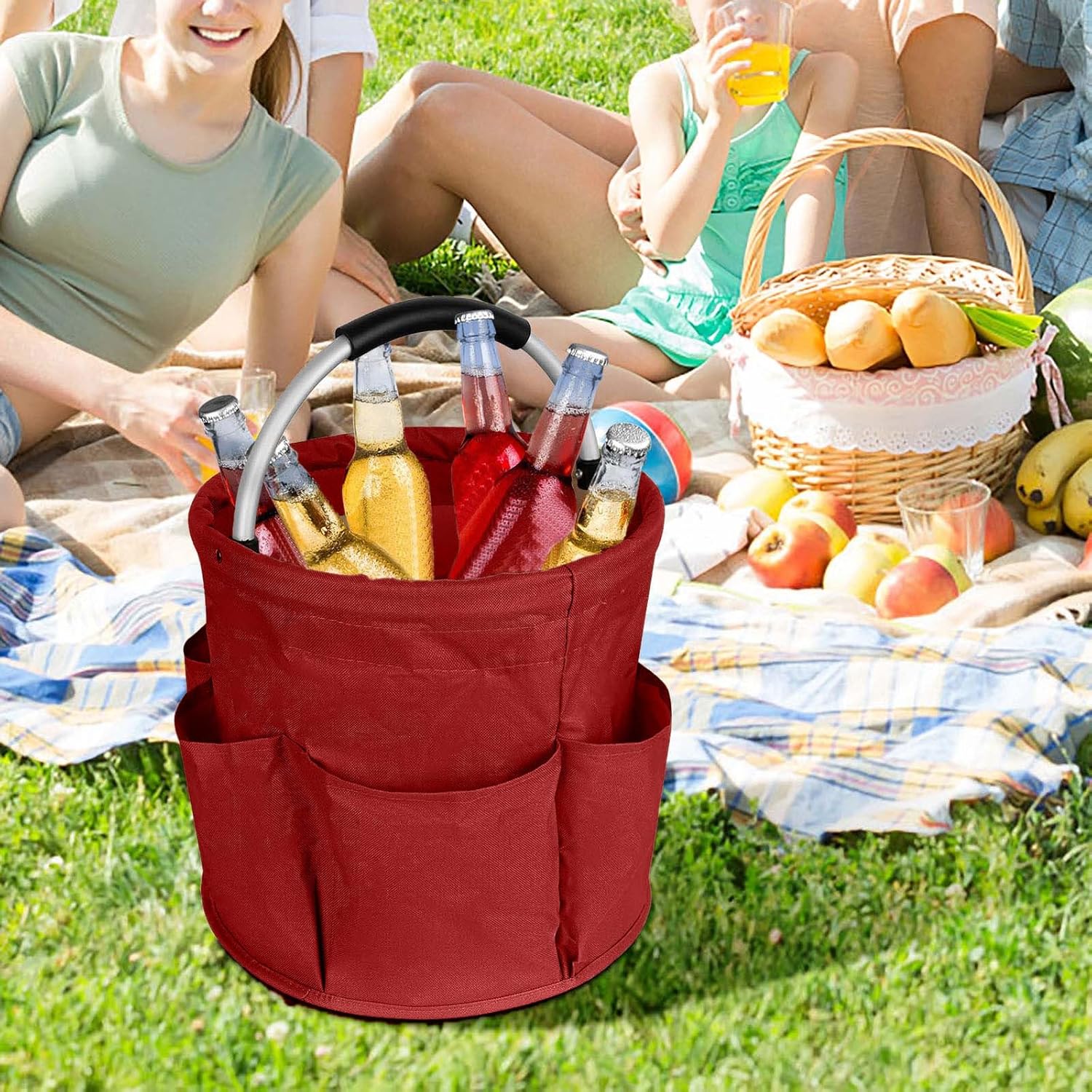 Cleaning Caddy with Handle, Portable Folding Garden Tool Basket, Storage Bag for Outdoor Picnic Organizer for Tools, Towels, and Outdoor or Bathroom Storage (Red)