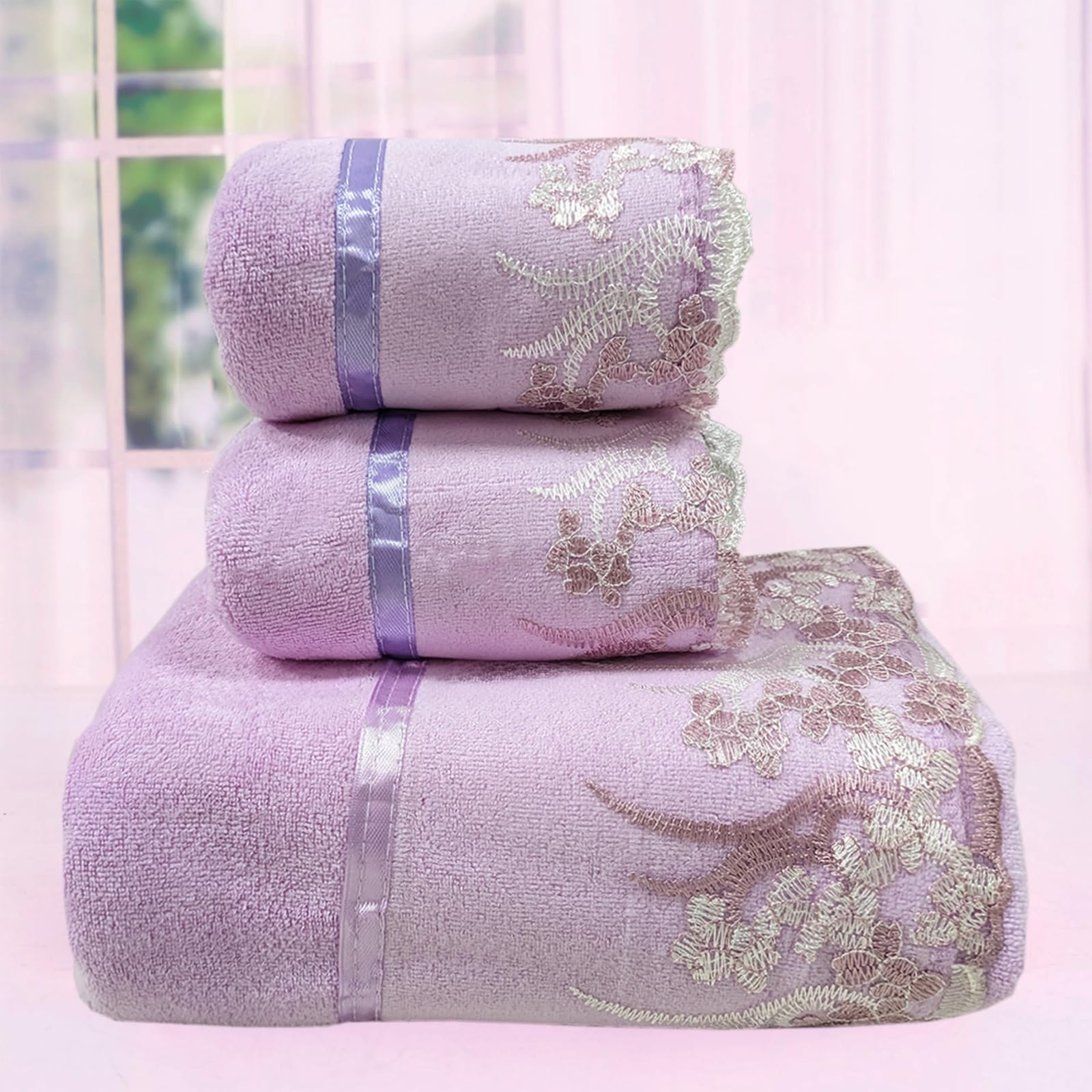 Lacomfy Lace Bath Towels, Purple Velvet Towels Set Luxury Super Soft Coral Hand Towel Absorbent & Durable Towels for Bathroom Daily Shower