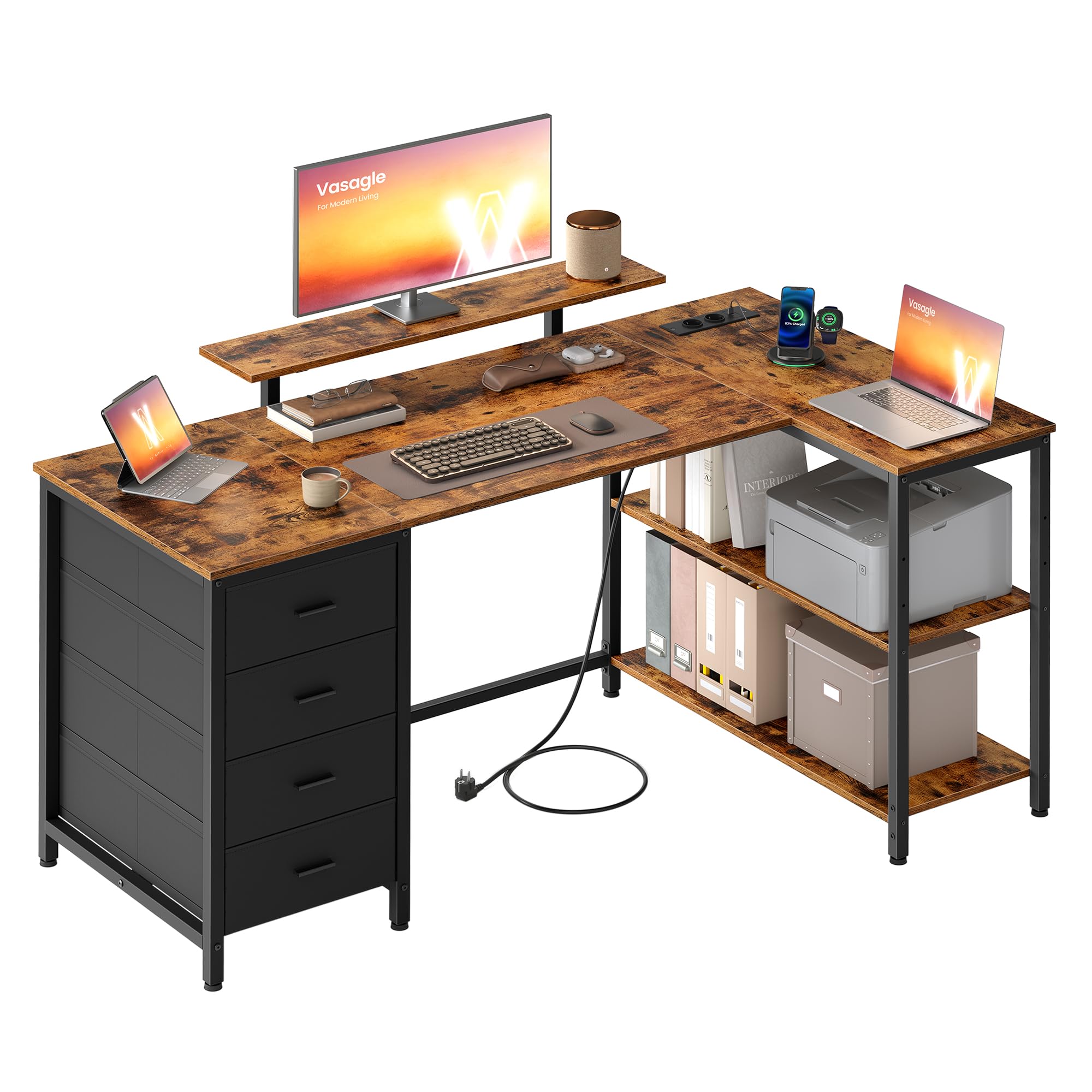 VASAGLE Scrivania Angolare a L con Prese di Corrente, Scrivania da Gaming, Layout Reversibile, Ripiani Regolabili, 4 Cassetti, 2 Porte USB, Studio Ufficio, 140 x 80 cm, Marrone Vintage LWD172KD01