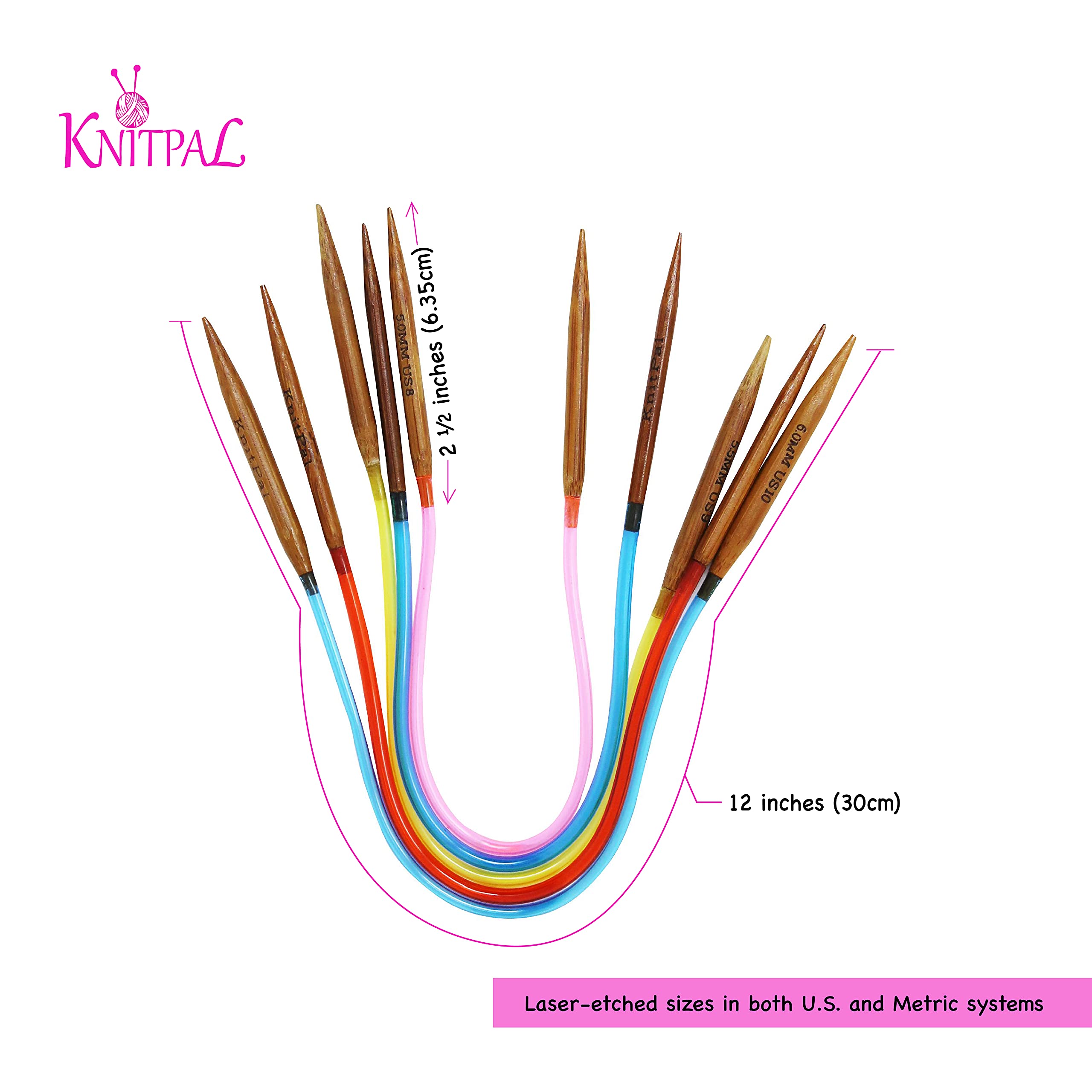 KnitPal Juego de agujas circulares de bambú de 30 cm, 11 pares, tamaños: US 0-10 (2 mm-6 mm), agujas de tejer circulares cortas con bolsa y libro electrónico - Patrones gratuitos