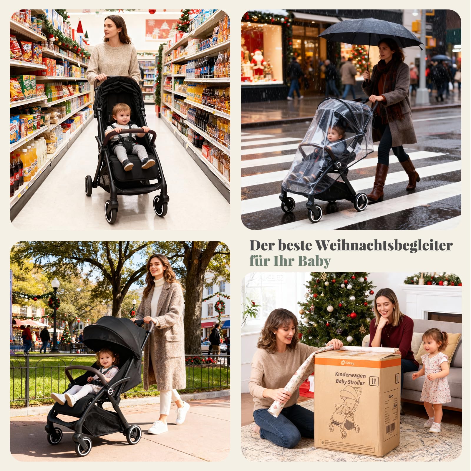Sekey Reisebuggy Flugzeug Handgepäck mit Liegefunktion, Kinderbuggy Klappbar bis 25kg mit Regenschutz, Buggy Kinderwagen Leicht mit Reflektor, 3-fach verstellbare Rückenlehne, BW732, Schwarz