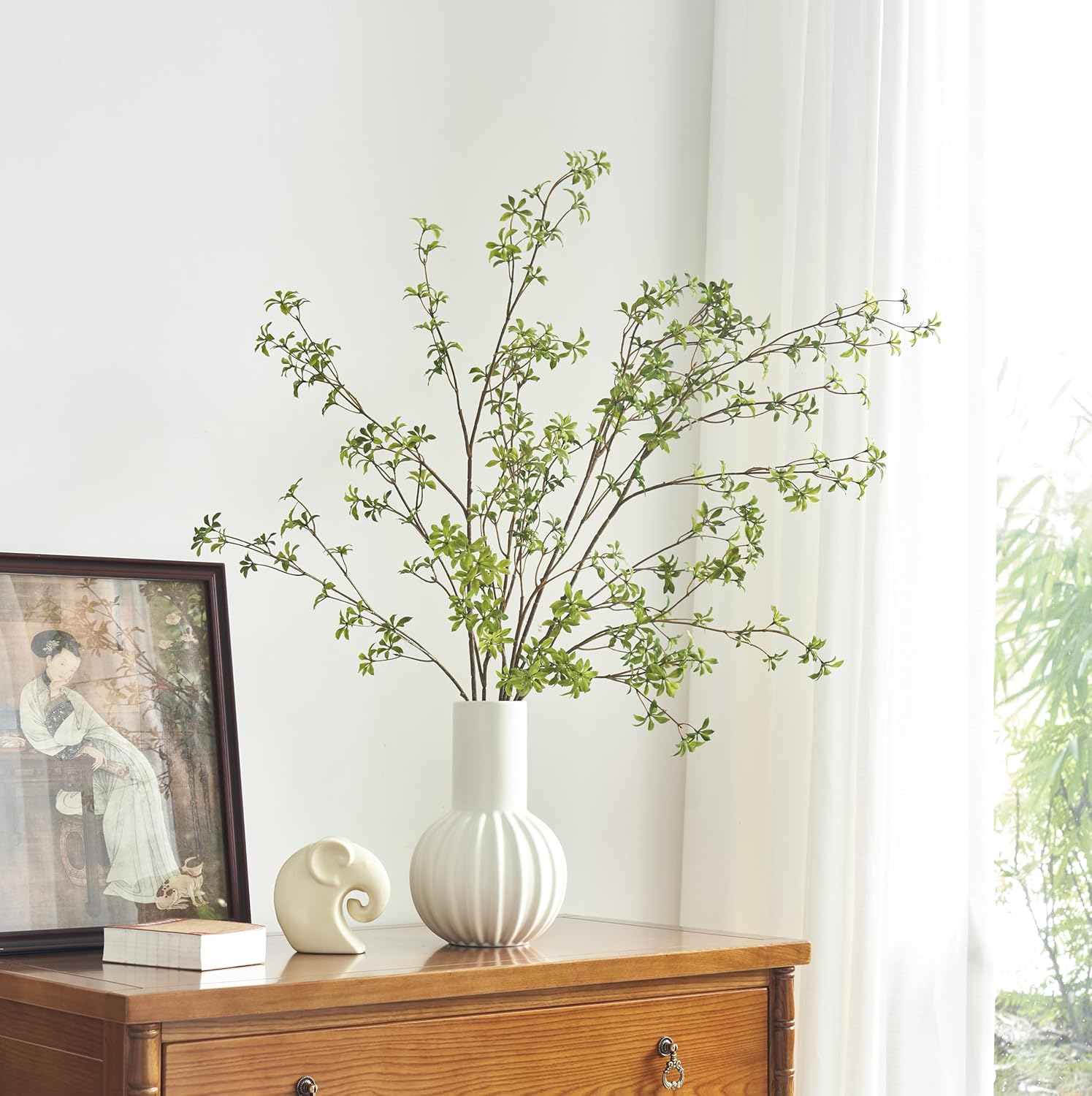 Avoeco Artificial Greenery Stems, 47”Tall Fake Plants Branches, Real Touch Faux Enkianthus Perulatus Twig Leaf for Home Garden Office Wedding Vase Filler Shop Decoration (3 Packs-Green)