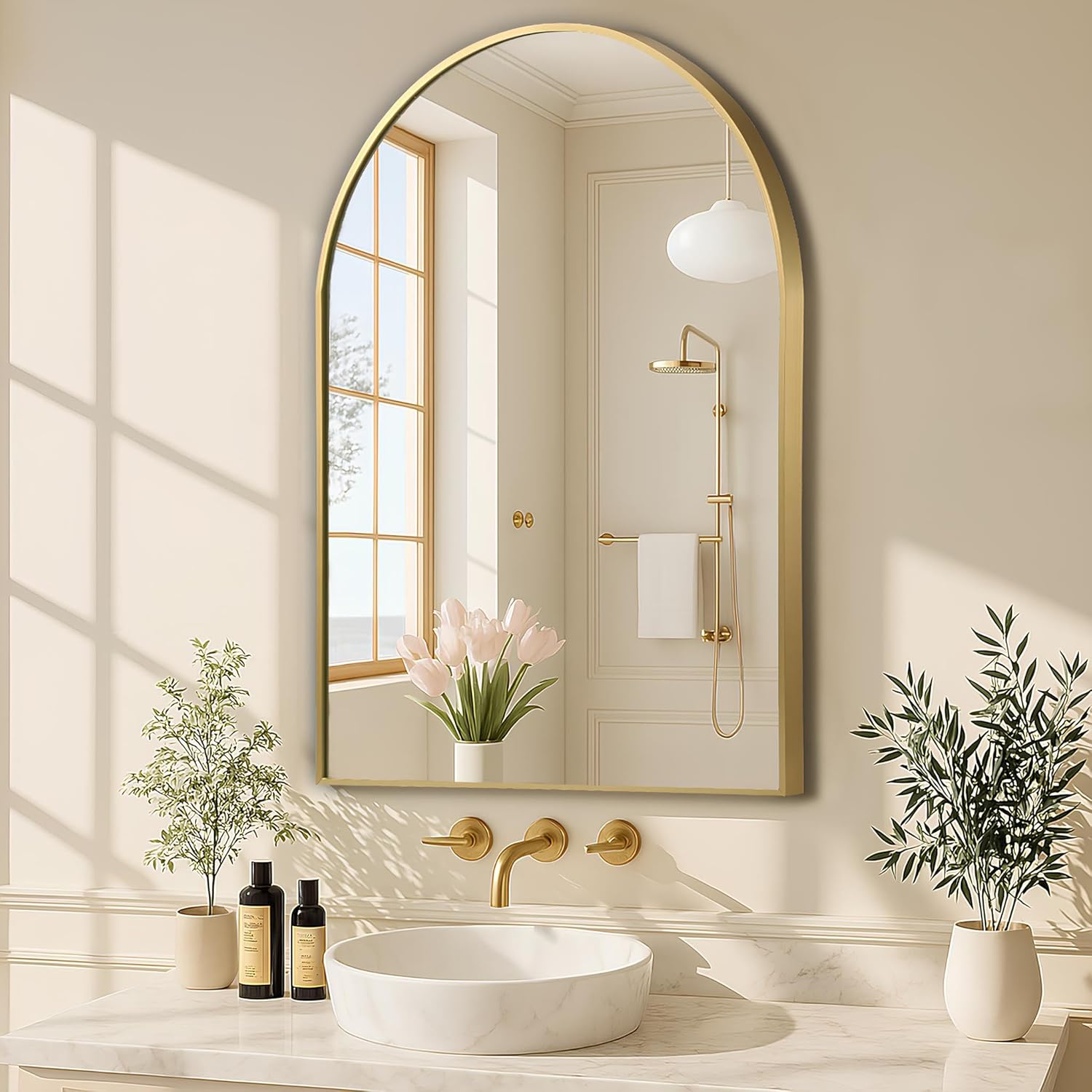 MZON 22 * 30 Inch Arched Gold Mirror, Arched Bathroom Mirror, Arch Mirrors for Wall, Vanity, Entryway&Livingroom, Metal Frame&Tempered Glass, Anti-Rust, Modern Home Decor 22"x30" Gold