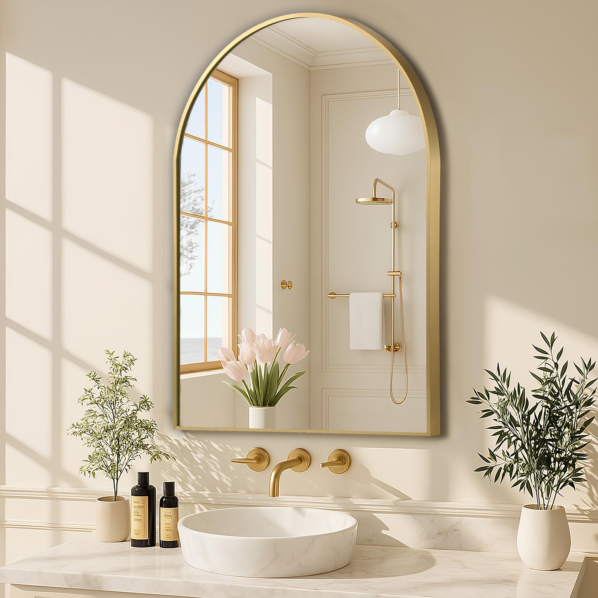 MZON 16 * 24 Inch Arched Gold Mirror, Arched Bathroom Mirror, Arch Mirrors for Wall, Vanity, Entryway&Livingroom, Metal Frame&Tempered Glass, Anti-Rust, Modern Home Decor