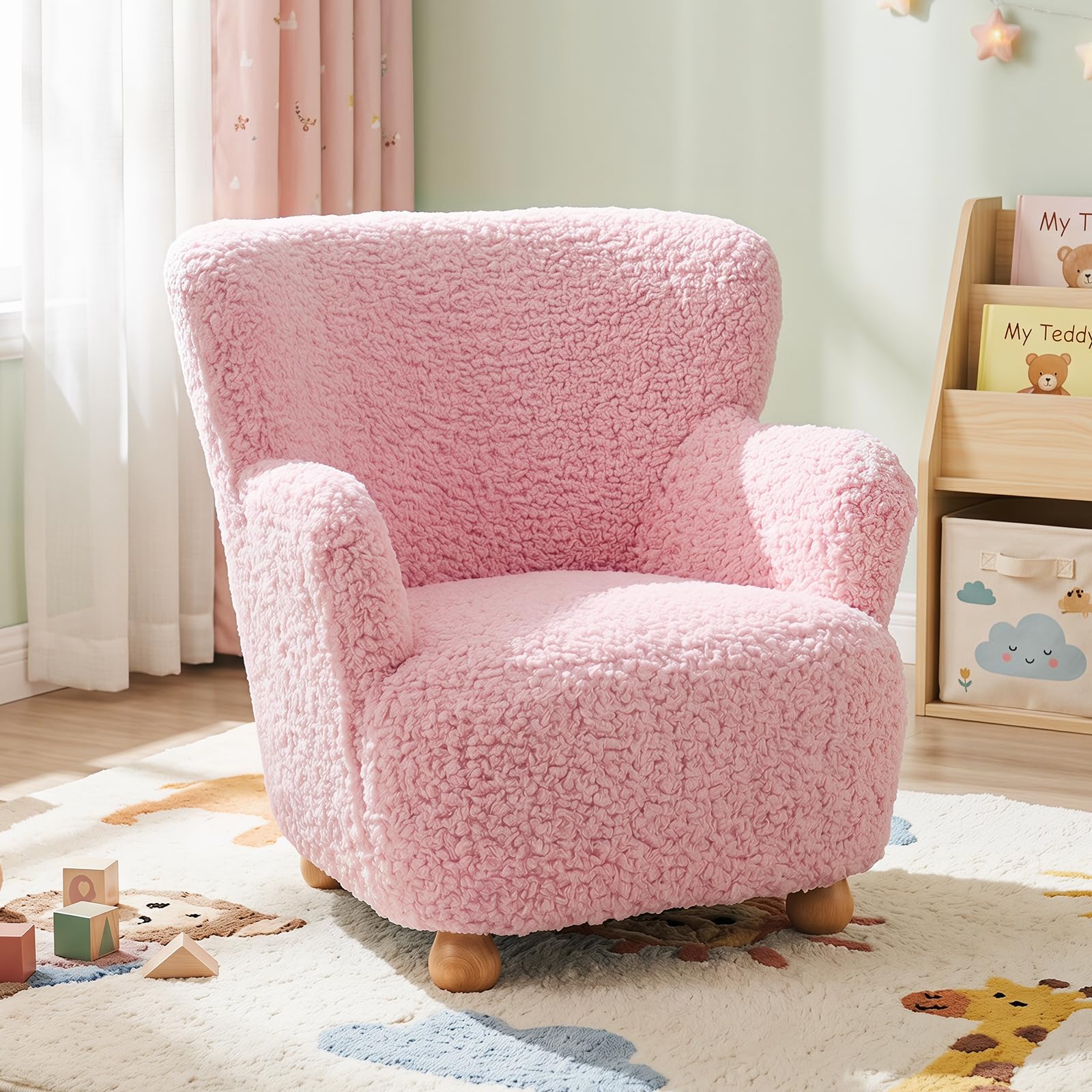 KOTEK Comfy Toddler Chair, Sherpa Kids Armchair with Rubber Wood Legs, Children Reading Chair for Boys &amp; Girls, Upholstered Kids Sofa for Playroom Bedroom Nursery (Light Pink)