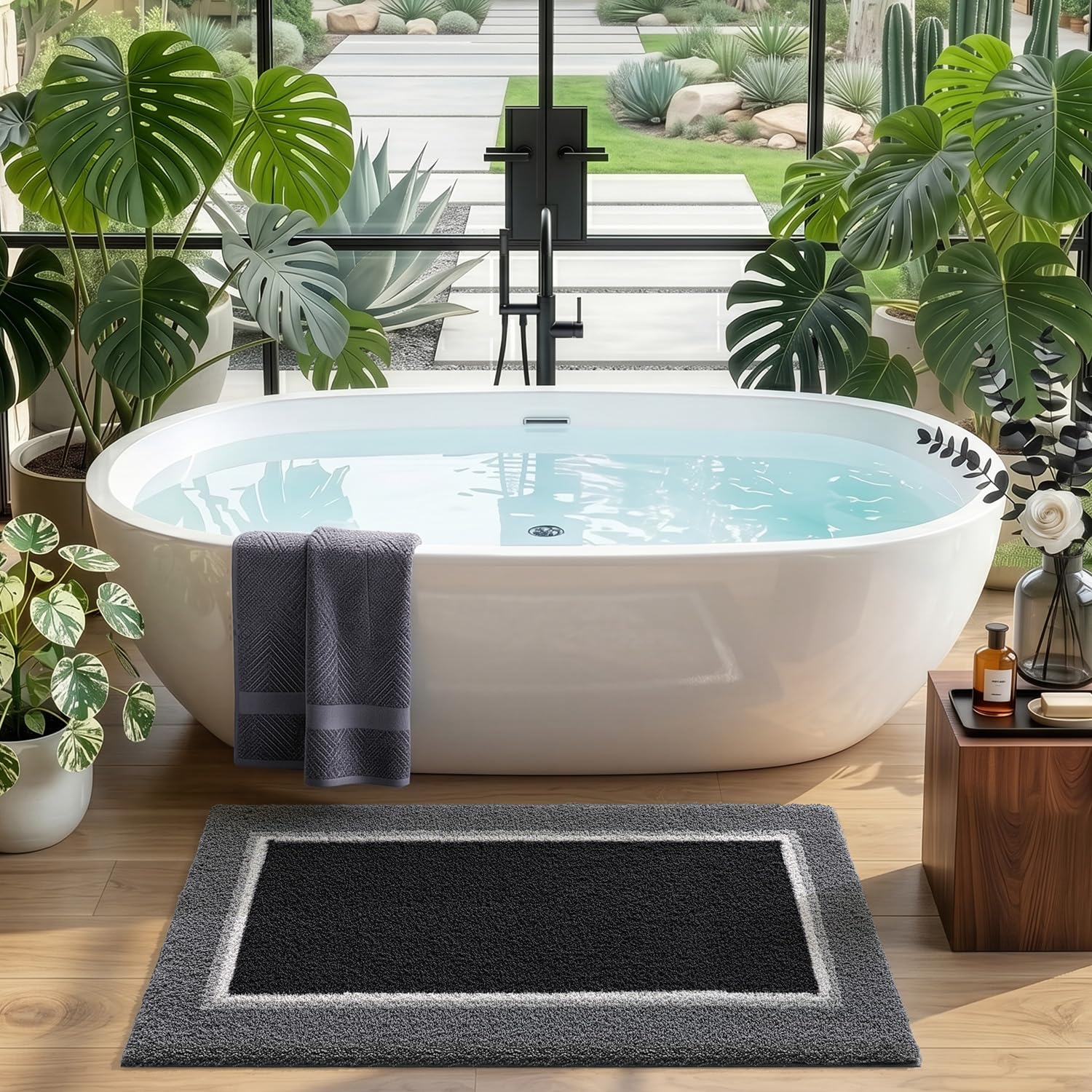 DEXI Badezimmerteppich, saugfähig, extra weich, Mikrofaser, Badematte für Badezimmer, rutschfest, waschbar, schnell trocknend, für Duschboden, Waschbecken, Badewanne, Waschküche, Schwarz und Grau, 109