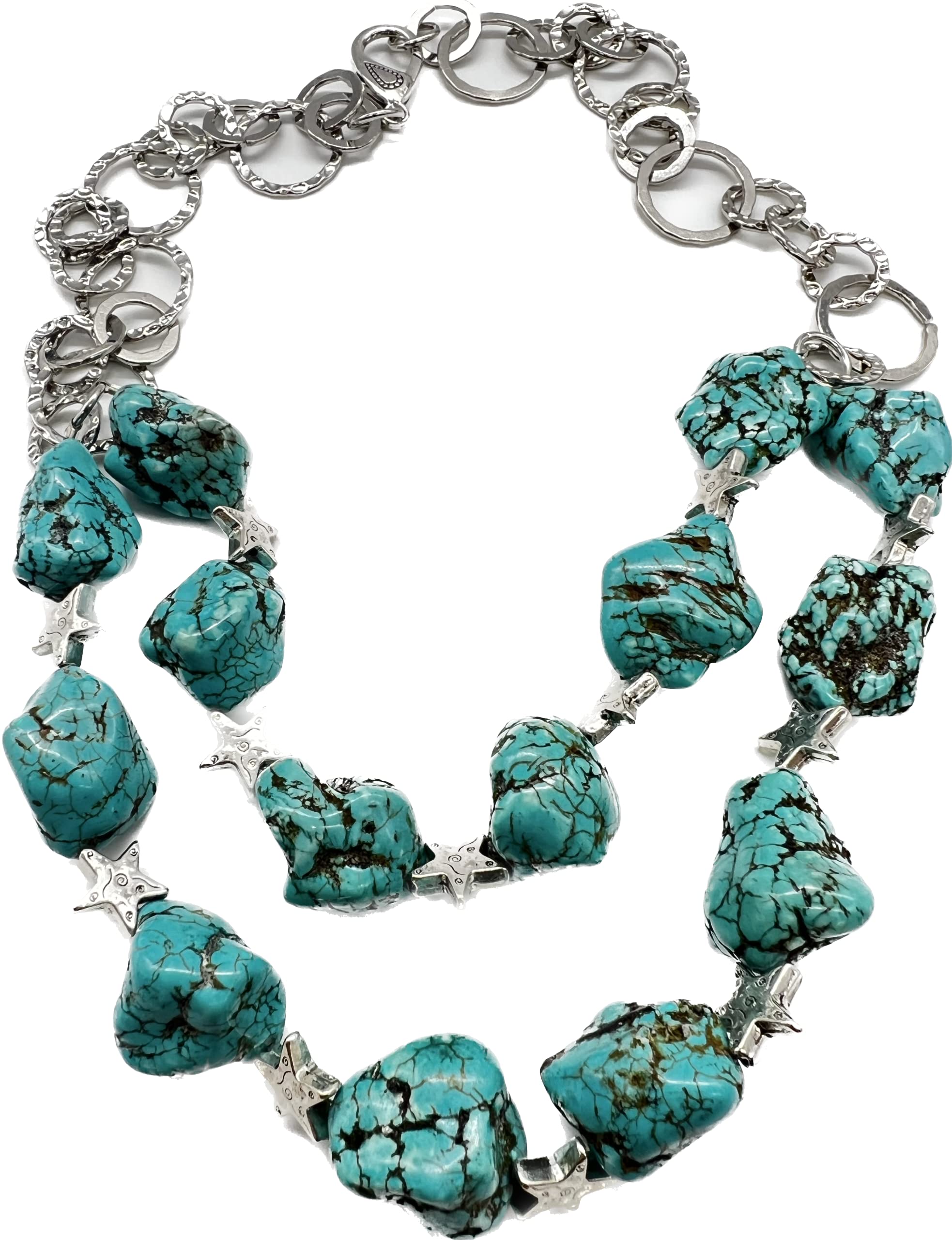 Multi-strand Western Style Necklace from Turquoise Colored Howlite with Silver Tone Star Accents