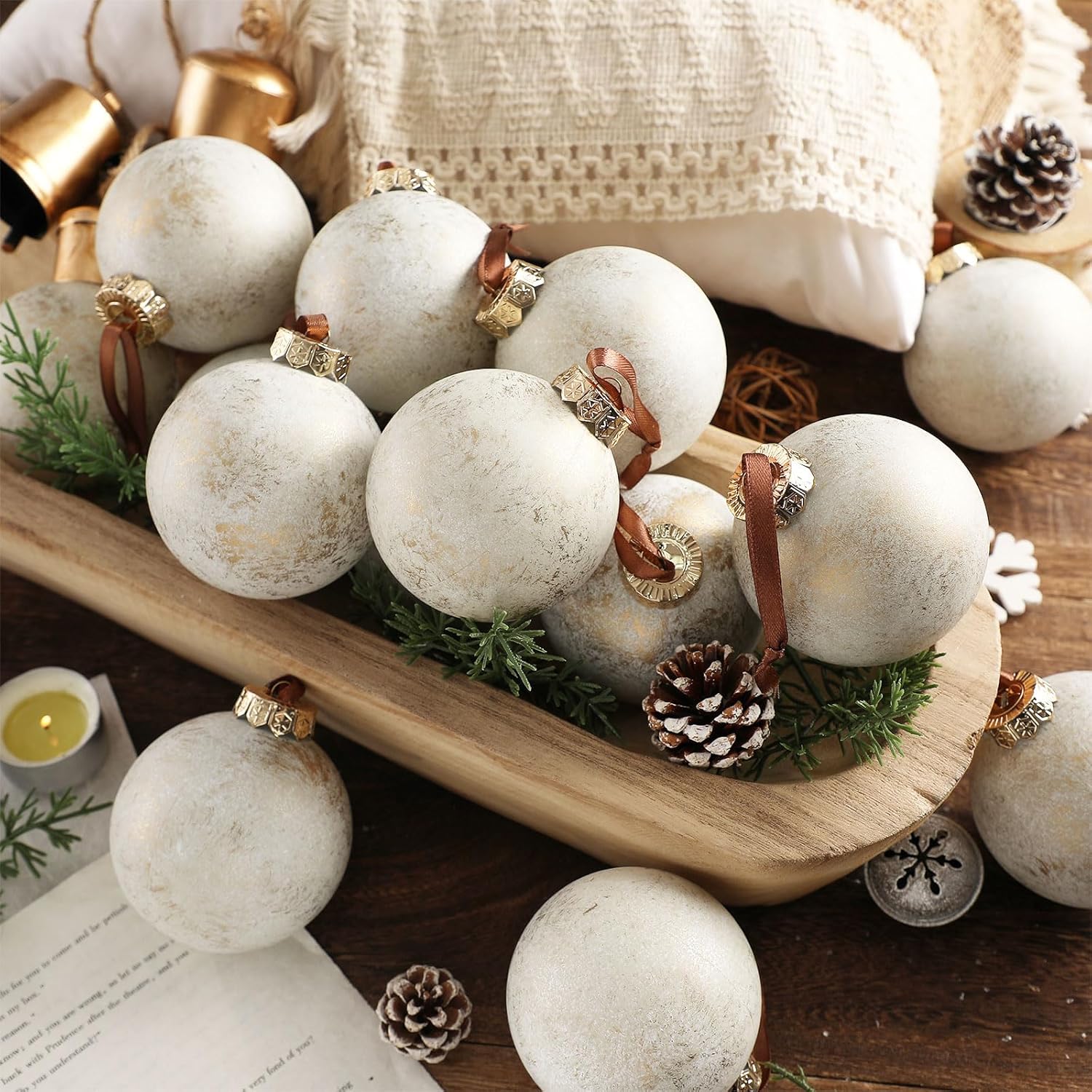 Yunlly 12 Pcs Neutral Textured Christmas Ball Ornaments Rustic Earth Toned Xmas Ornaments Antique Farmhouse Modern Christmas Decor for Tree Home Decor(Ivory White,3.2 Inch,Neutral)