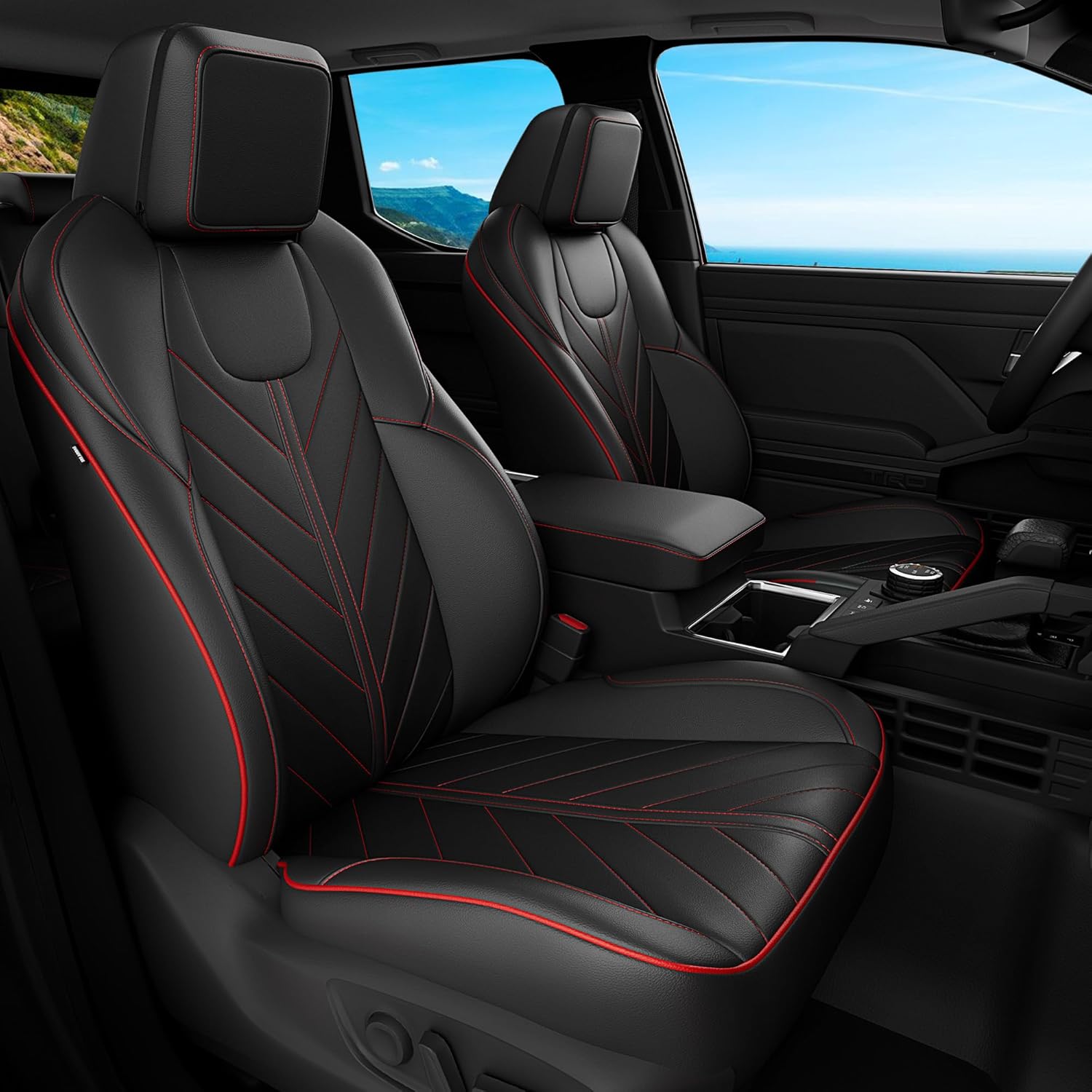 FREESOO for Tacoma 2024 2025 2026 Seat Covers Full Set - Custom Fit for Toyota Tacoma Double Crew Cab, SR, SR5, TRD Sport, TRD Off-Road, Pickup Truck Seat Covers with Faux Leather(BlackRed)