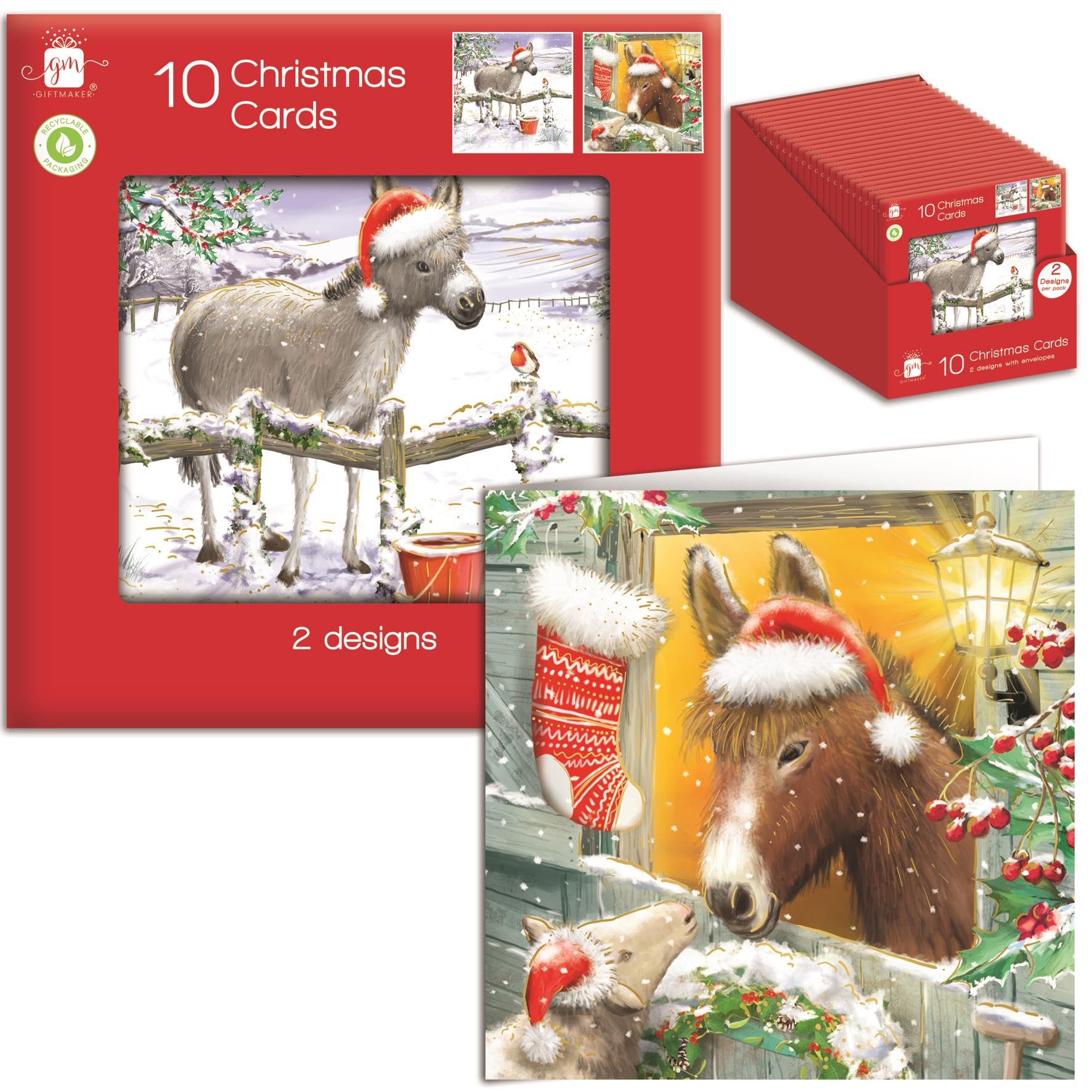 Tom Smith Multicolor Giftmaker Pack 10 Square Christmas Cards 2 Festive Christmas Donkey Designs 14Cm
