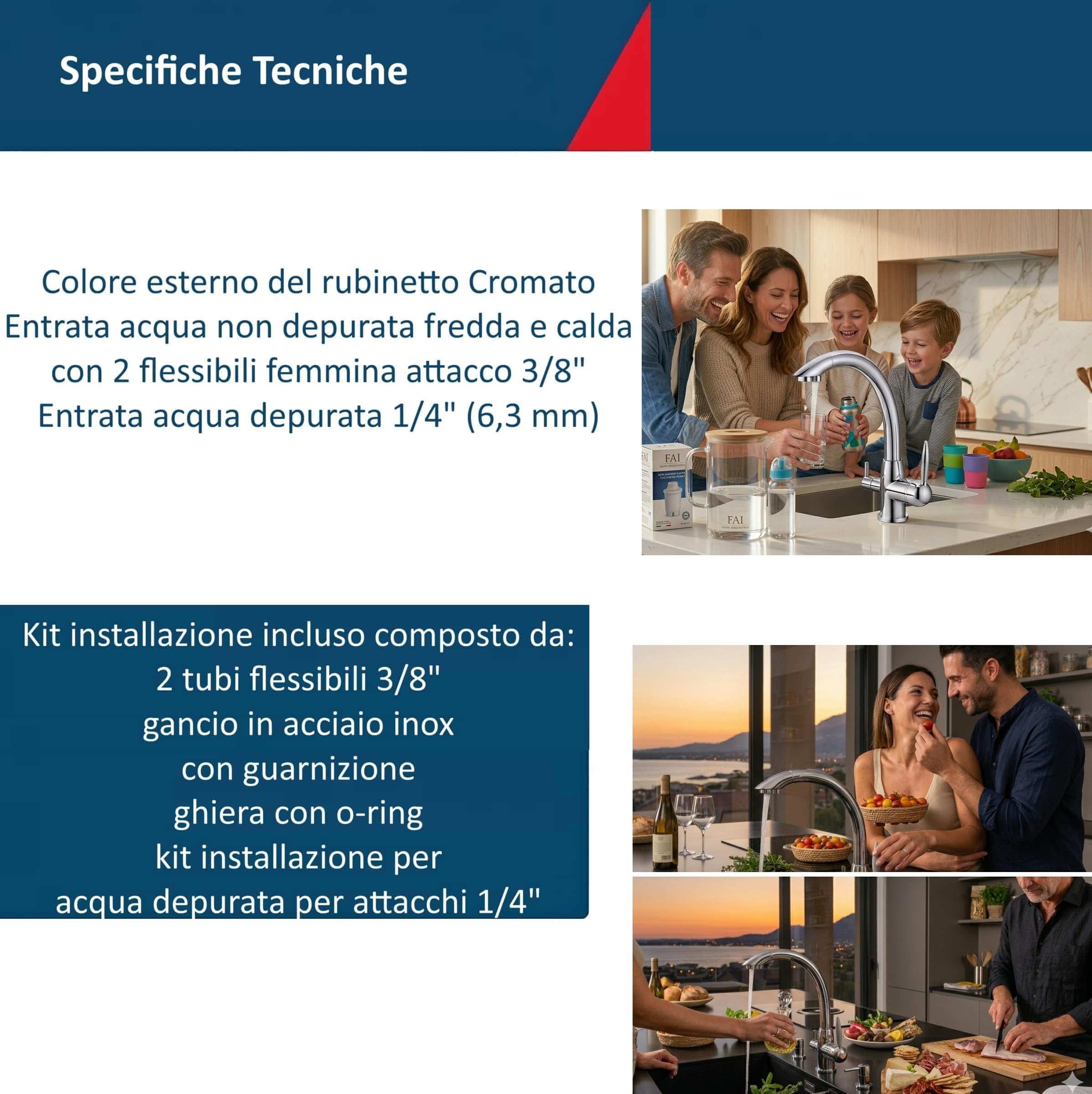 Rubinetto 3 Vie Depuratore Acqua Osmosi Inversa Calda Fredda Filtrata