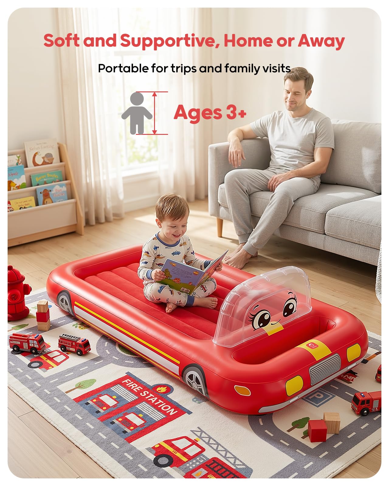 QPAU Inflatable Toddler Travel Bed with Tent Truck Red