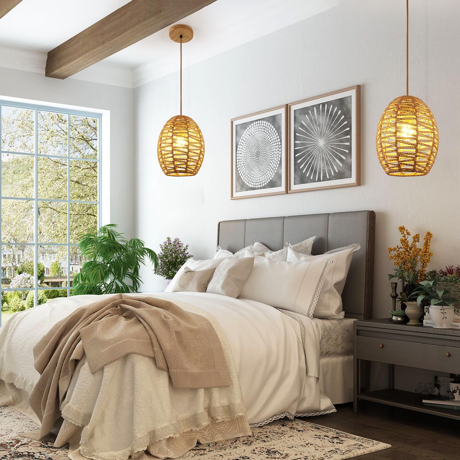 DELIPOP Pendant Light, Hand-Woven Rattan Chandelier, Boho Adjustable Hanging Lights for Living Room, Dining Room, Kitchen, Bedroom, Farmhouse