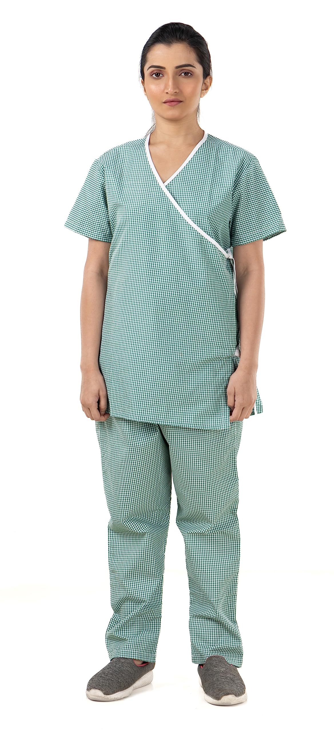 HOSPRIQSUnisex Reusable Poly Cotton Patient Dress Front-Open Overlap Tie-Type-Checks- Ideal for Patients