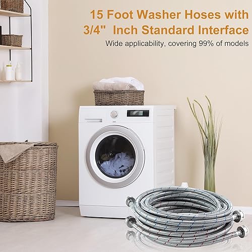 Miniatura 7 de Mangueras de lavadora de 15 pies, manguera de lavadora de acero inoxidable de 15 pies, manguera de lavadora y secadora, conexión de agua a rayas