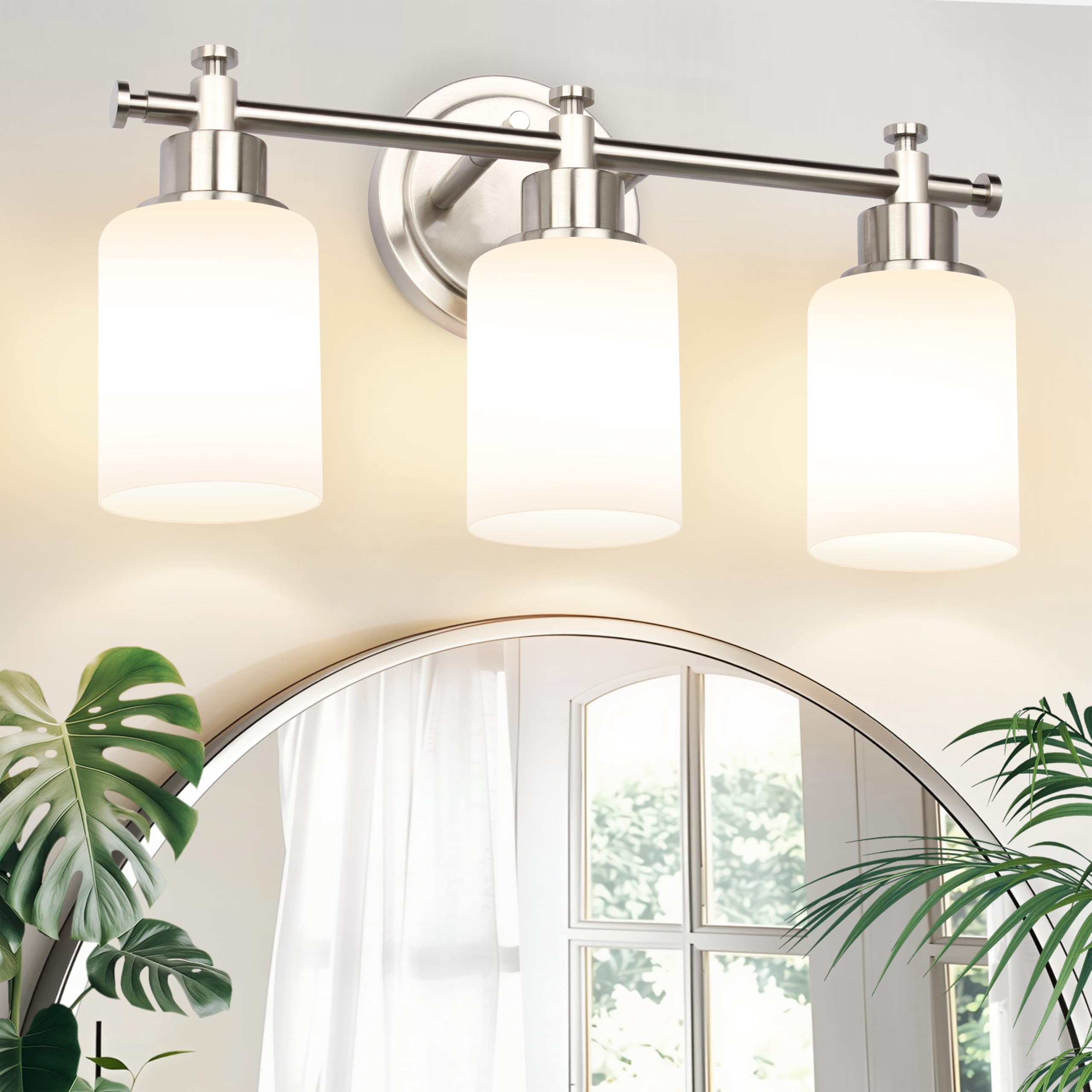3-Light Brushed Nickel Bathroom Vanity Light Fixture, Compact Vanity Light