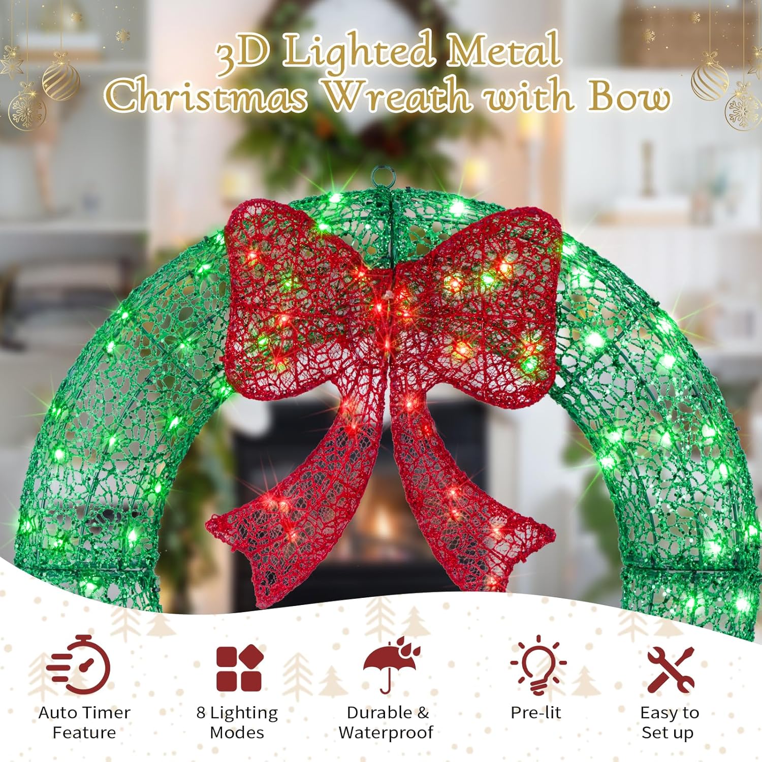 24" Pre-Lit Outdoor Christmas Wreath with 140 LED Lights and Bow, Lighted Metal Christmas Wreath Decoration with Timer Function for Xmas Home Wall Front Door Window Garage (Green Red)