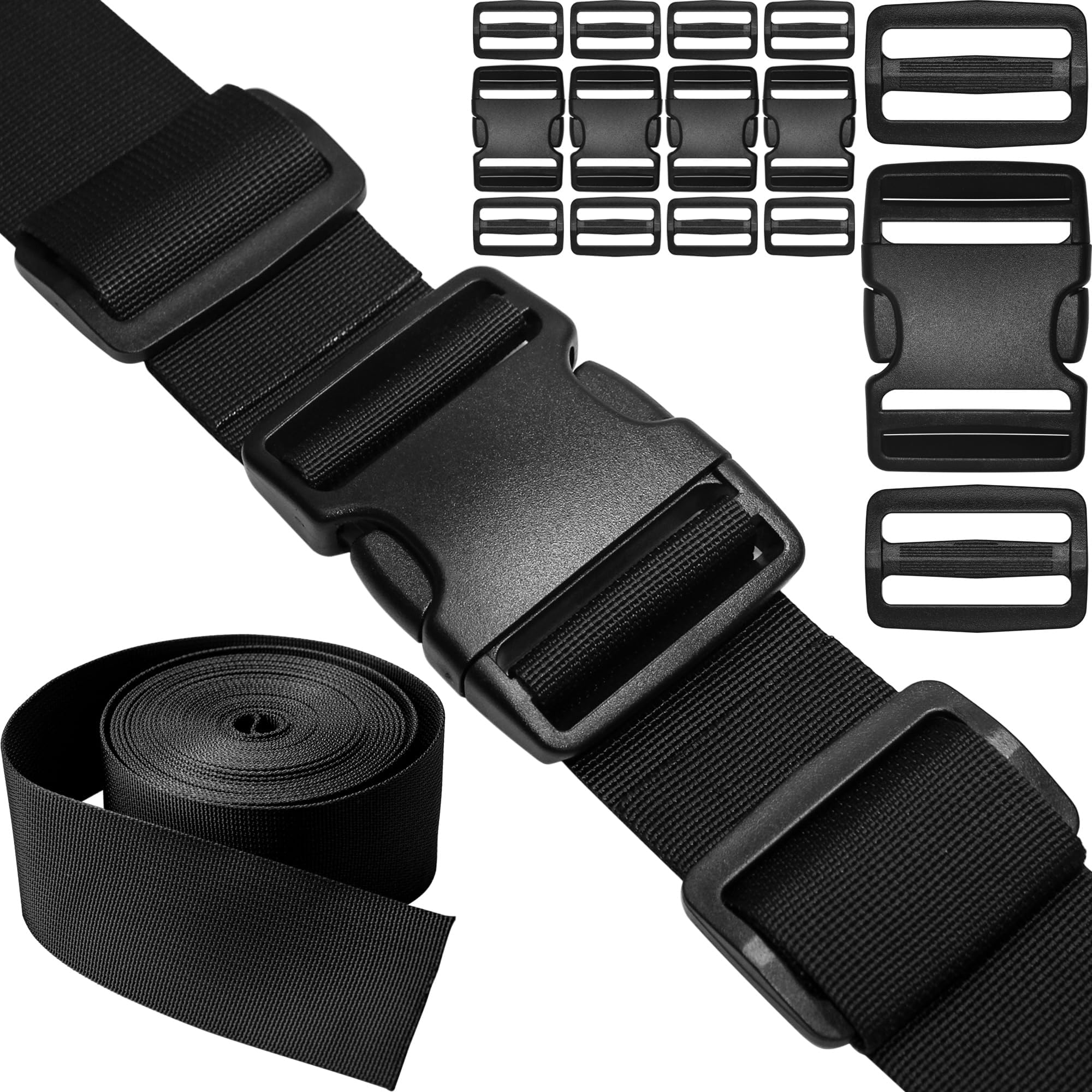 HISUNTEC 2 inch Straps Buckles Set: Nylon Webbing Strap 6 yard, Side Release Plastic Buckle 5 pack, Tri-glide Slide Clip 10 pcs, Heavy Duty Quick Snap Fasteners Dual Adjustable No Sewing Required