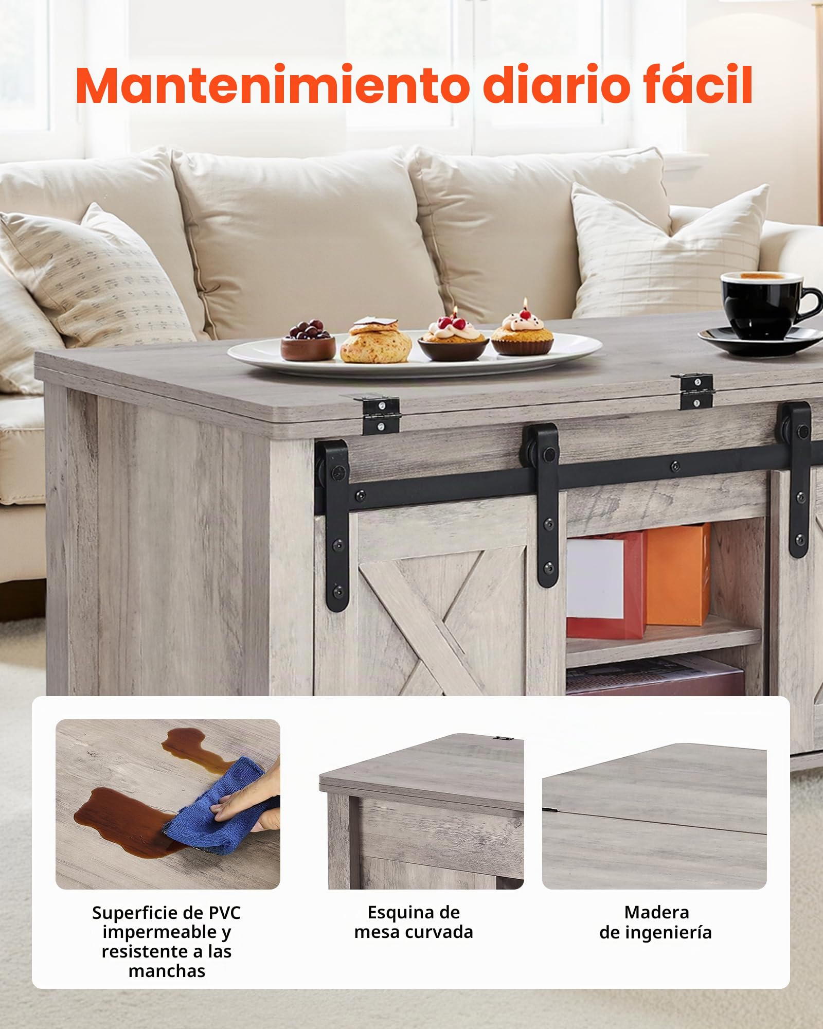 VEVOR Mesa de Centro Elevable 100 cm, Mesa de Café con Puerta Estilo Granero y Compartimento de Almacenamiento Oculto, Mesita de Salón o Comedor de Madera para Salón, Oficina, Hogar, Roble Rústico