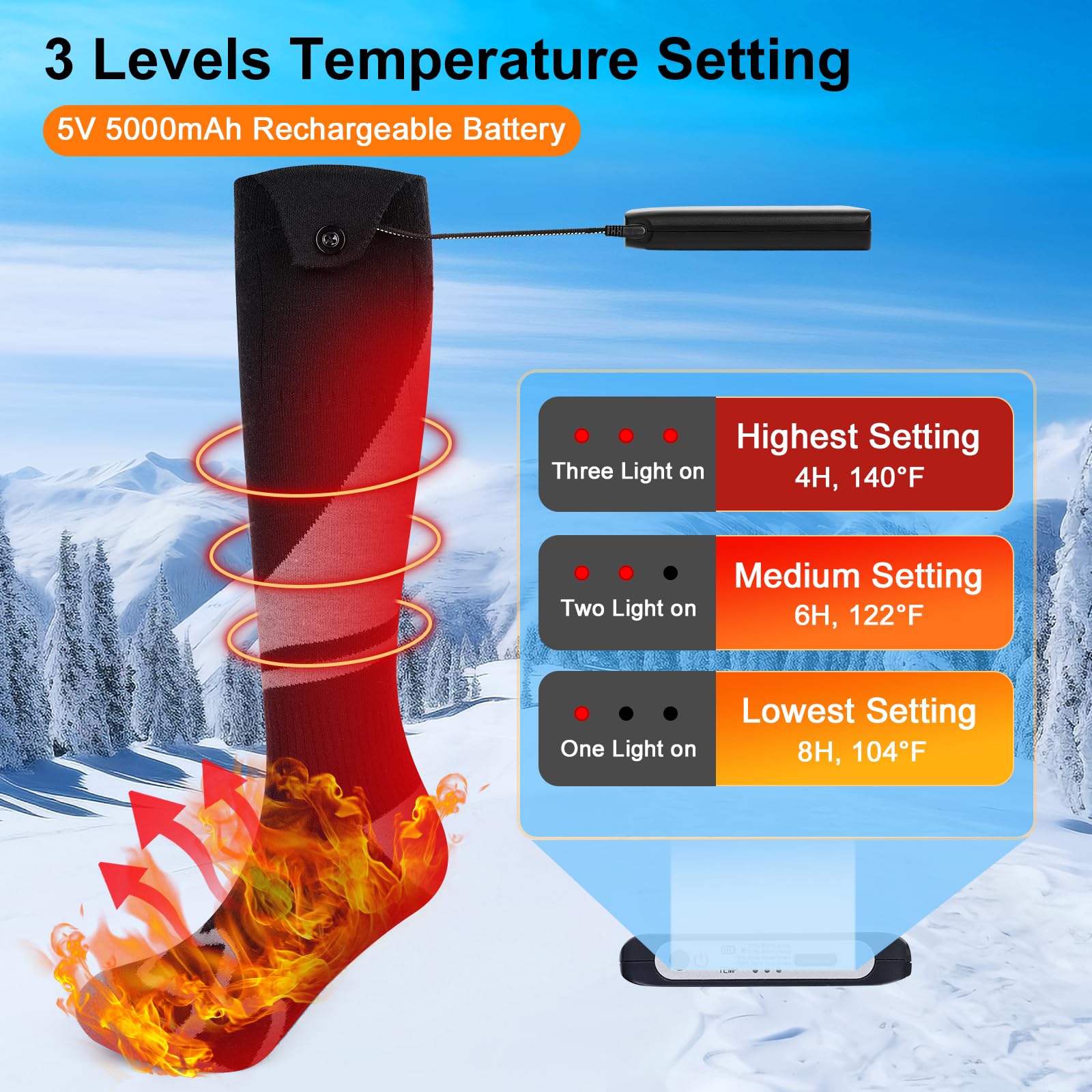 Chaussettes Chauffantes Batterie Chaussettes Chauffantes Rechargeables - 3 Températures - Batterie 5000mAh - Unisexe 3 Températures Réglables