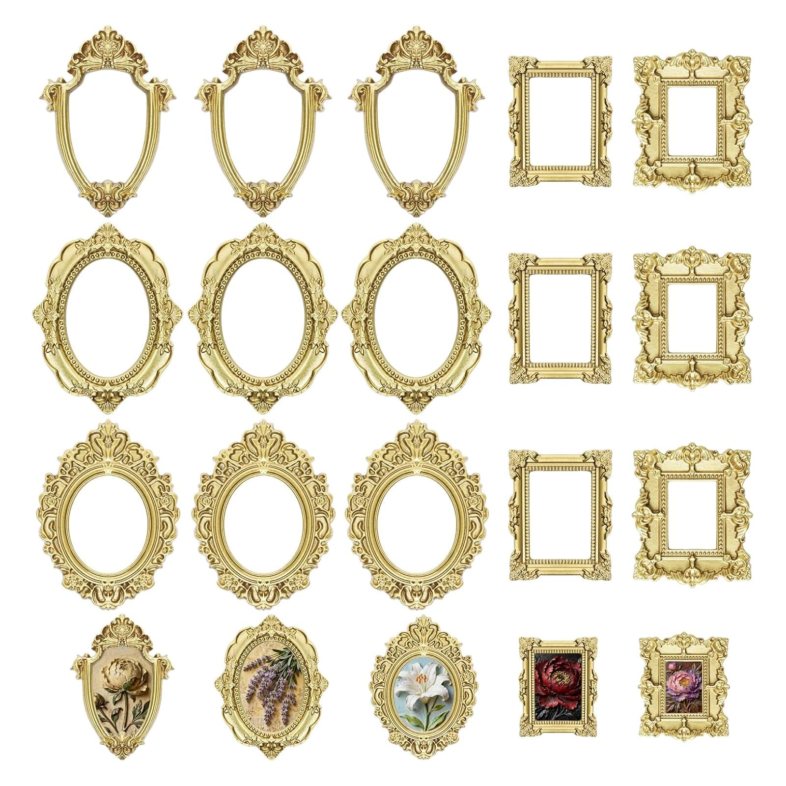 Rusokufo 15 Pieces Vintage Resin Picture Frames, Mini Golden Antique Frames in Oval & Rectangle, Small Photo Holders for Table Decoration, Wall Hanging, DIY Crafts & Retr