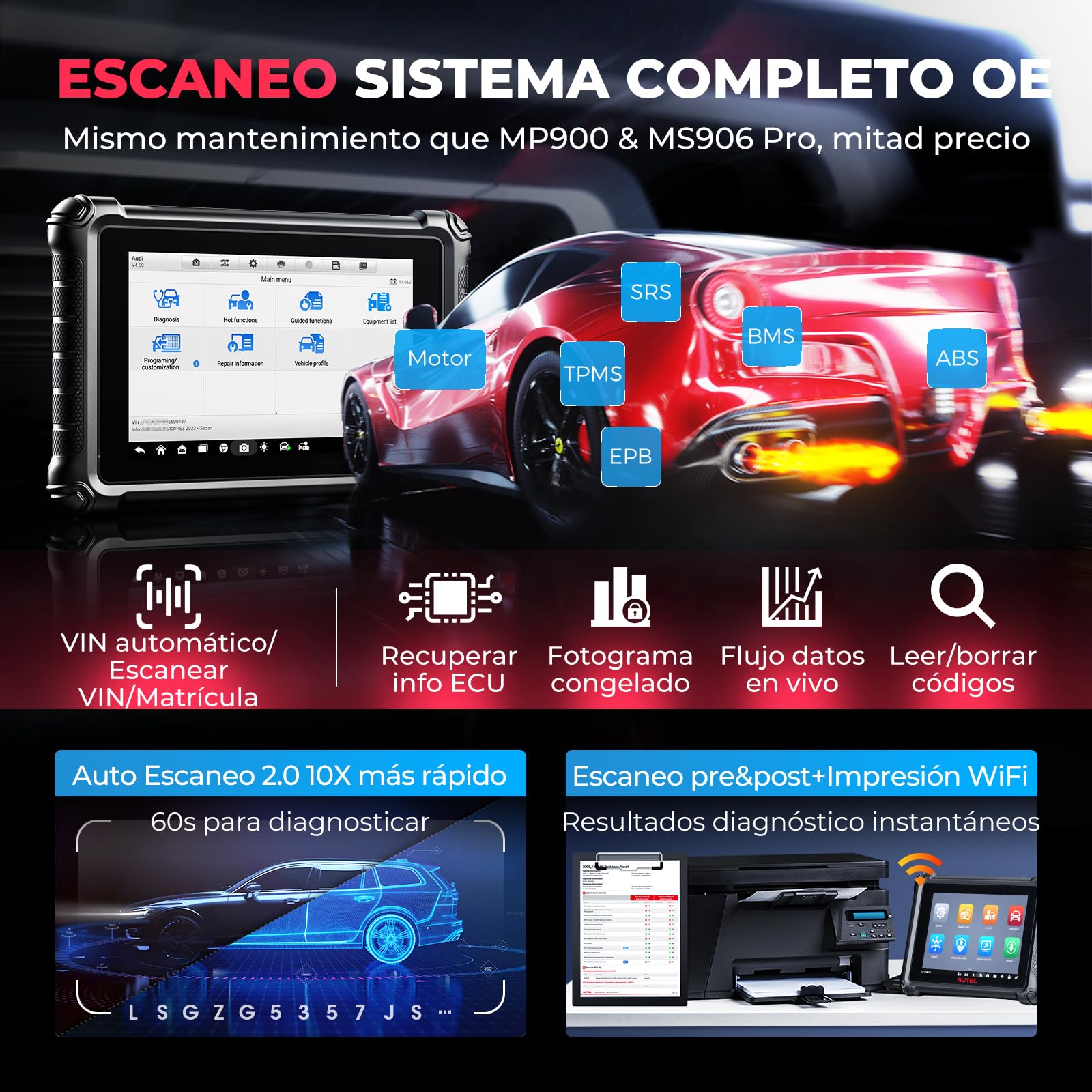 Autel MaxiCheck MX900 Maquina Diagnóstico, Como MaxiCOM MK900-BT Herramienta Escáner OBD2, Avanzado MK808BT MK808S MX808S Diagnosis Coche Multimarca, 3K+ Pruebas Activas, DoIP&CANFD, 40+ Servicio,OS11