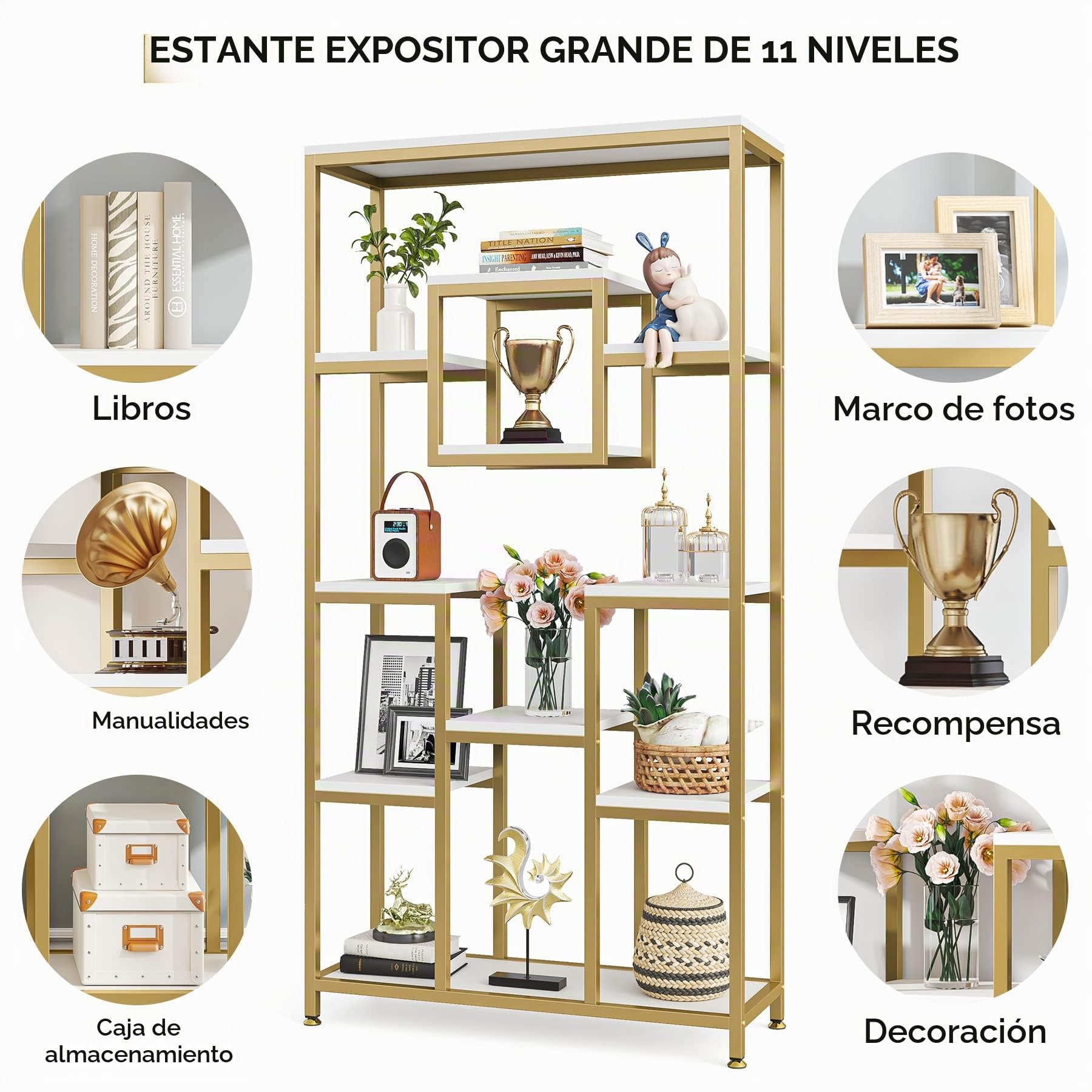 Tribesigns Estantería de 180 cm de alto, moderna de pie con 8 estantes abiertos, visualización alta para salón, dormitorio, oficina en casa, oro y blanco (2 unidades)