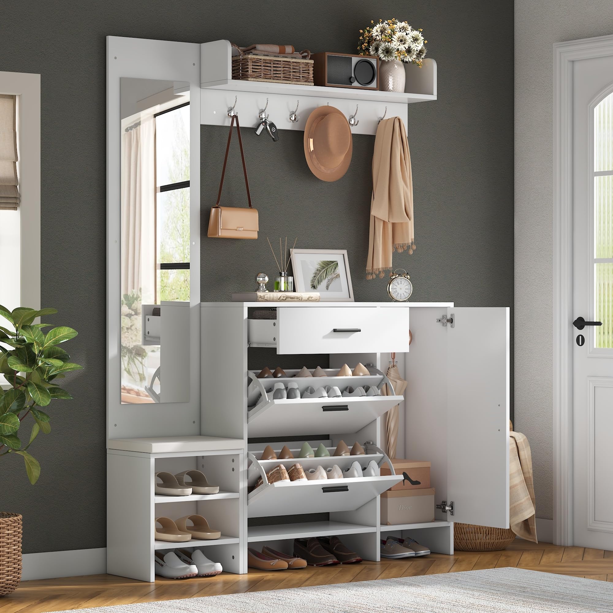 Garderobe Set Garderobenschrank mit Spiegel, Weiß, 140x30x200 cm