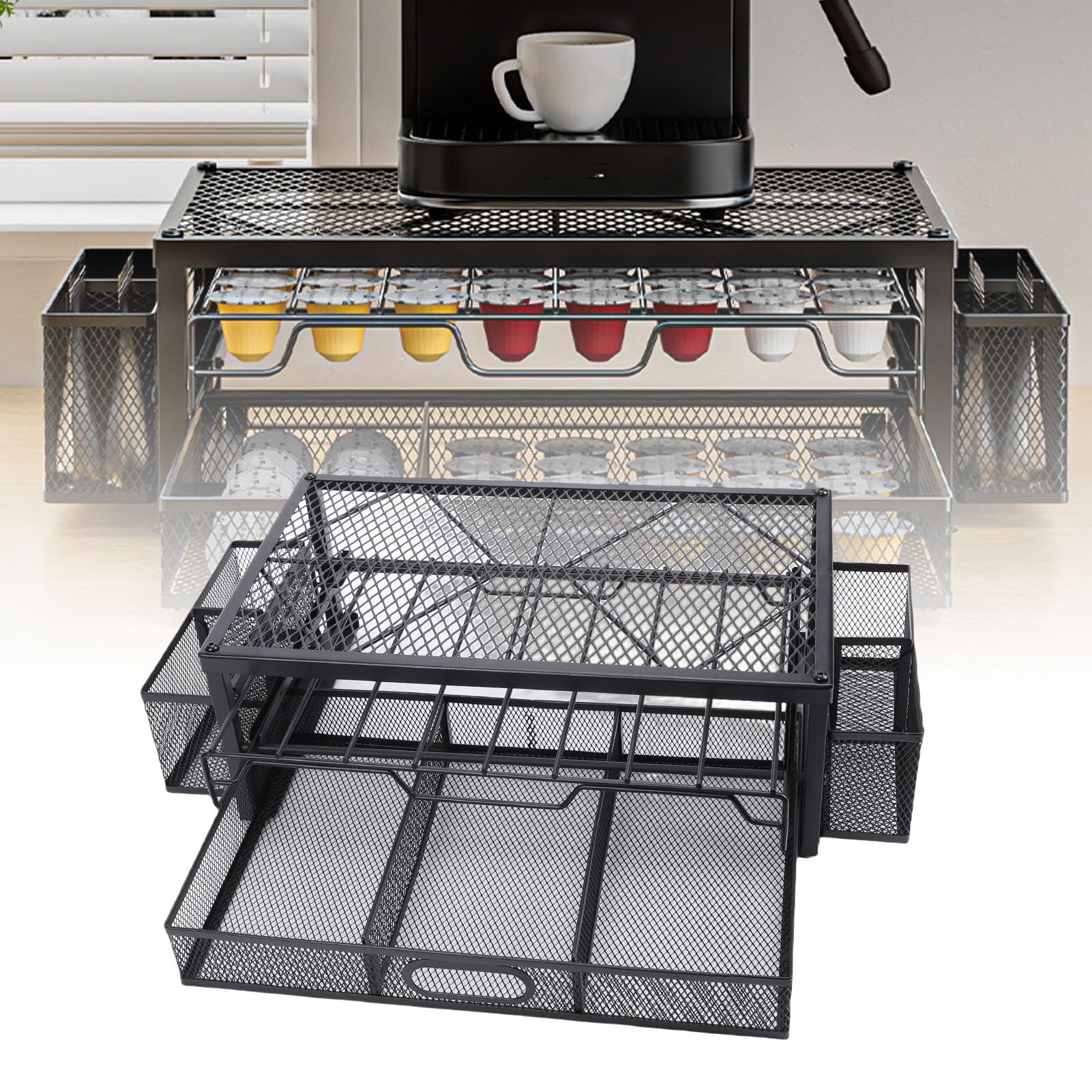 EMUKOEP Kaffeekapsel-Organizer, Geräumige Schubladen, Glatte Auswahl für Küchenarbeitsplatte, Kaffeestation, 83 Pads für Zuhause, Büro, Café, Eisen, Schwarz (Hohl)