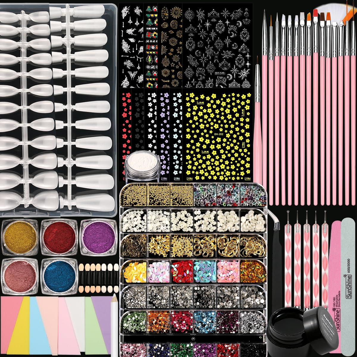 Nail Art Kit Nail Design Tools Kit Nail Art Brushes Set with Nail Stickers Nail Gems Almond Tips Nail Long Coffin False Nail Tips Nail Charms Dotting Tools Chrome Powder Nail Supplies Gifts for Girls