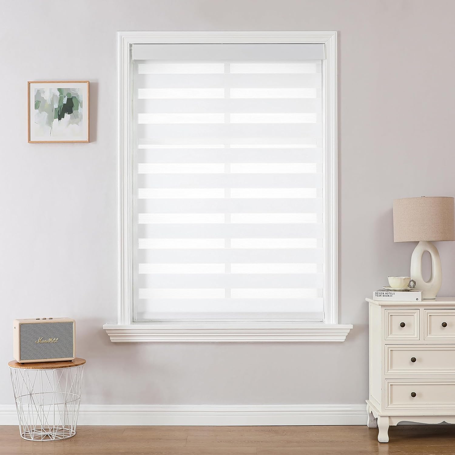 Joydeco Cordless Zebra Blinds (Pro), Dual Layer Light Control Zebra Blinds for Windows, Light-Proof Aluminum Cover, Free-Stop Roller Shades for Home & Office (White, 24" W x 75" H) White 24"W x 75"H