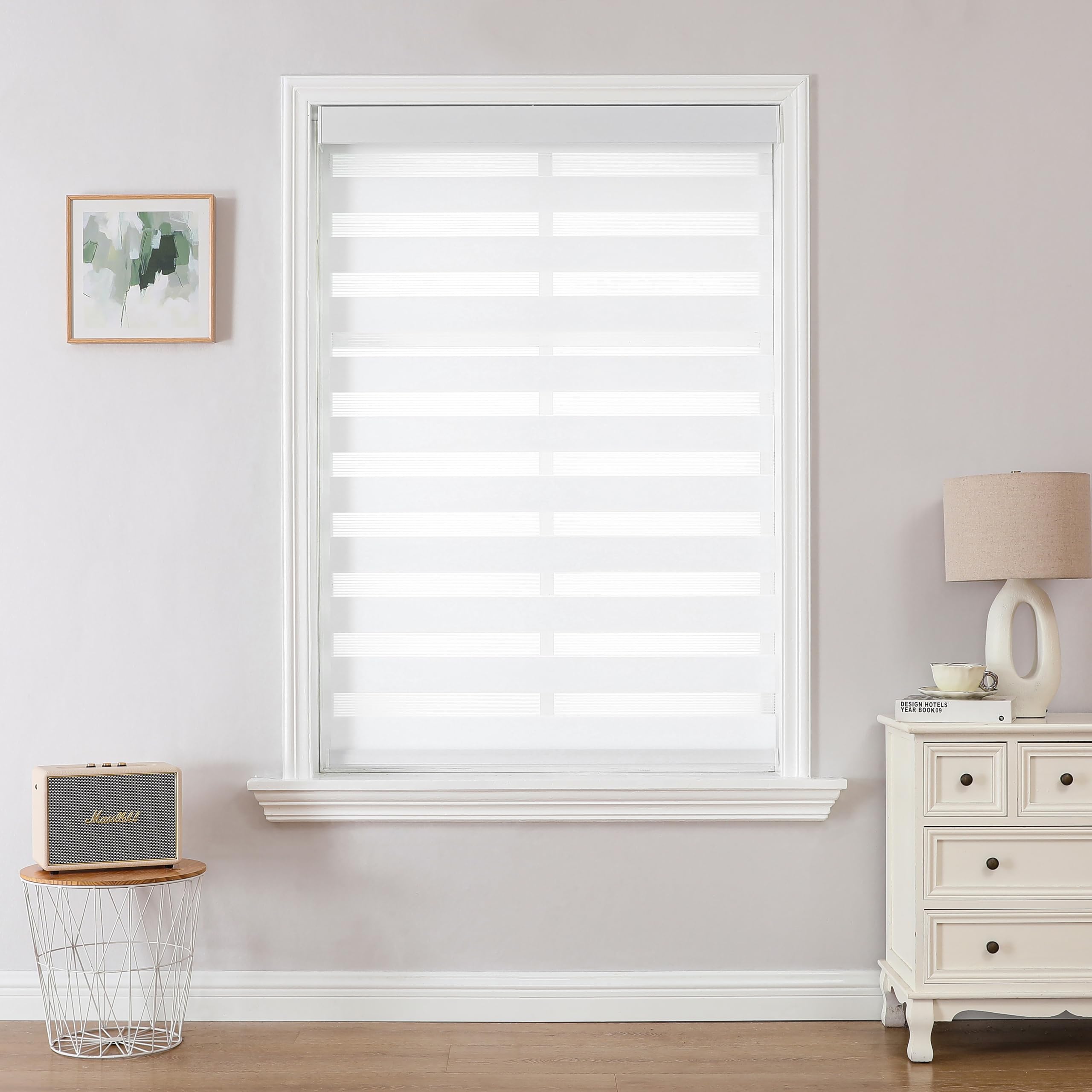 (2) Joydeco Cordless Zebra Blinds (Pro), Dual Layer Light Control Zebra Blinds for Windows, Light-Proof Aluminum Cover, Free-Stop Roller Shades for Home & Office (White, 70" W x 96" H) (BID IS PER ITEM, LOT IS FOR 2 BLINDS TOTAL.)
