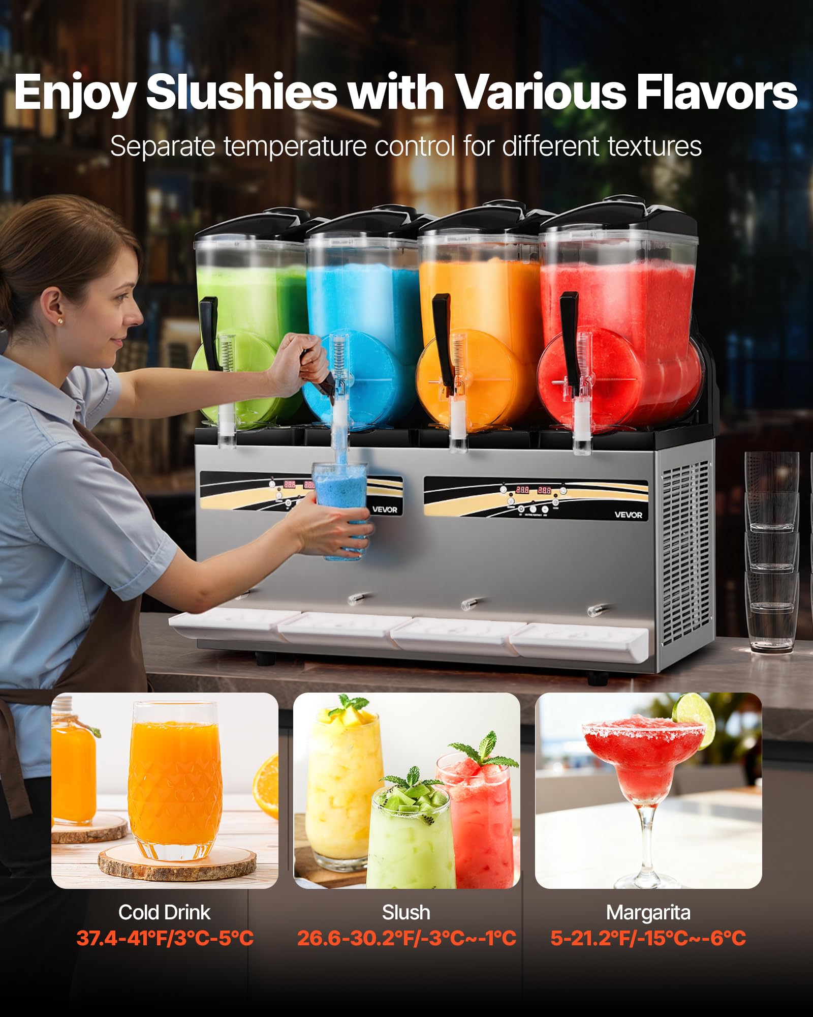 VEVOR Macchina per Granite Bevande Ghiacciate 4x12L Macchina per Granita Commerciale 1650 W Funzione Autopulente per Succo Ghiacciato Frullati Frappé Cocktail, Feste, Evento, Bar