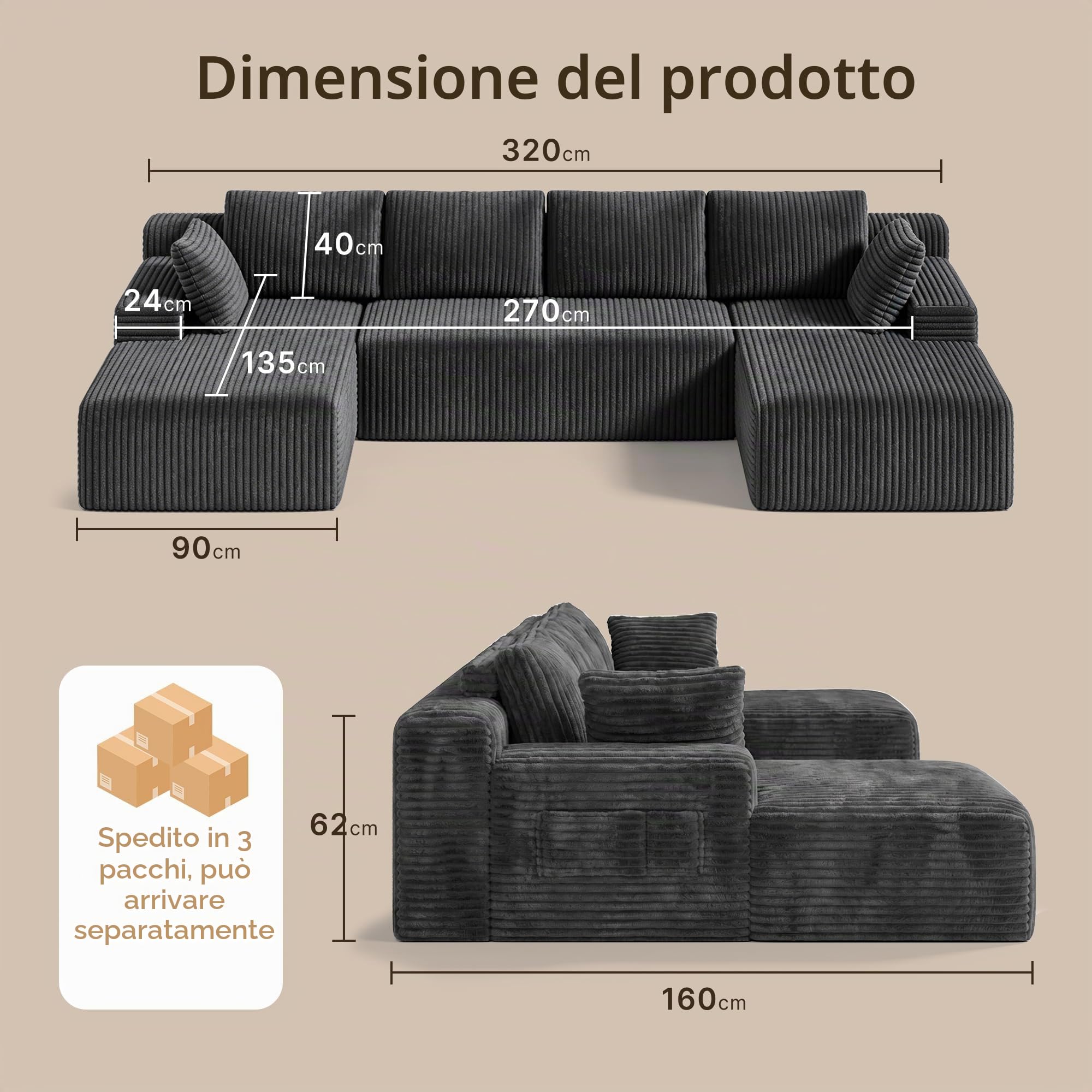 Xbro Divano Angolare Modulare a U in Velluto a Coste, Divano Componibile Grande 4 Posti con Seduta Profonda e Tasche Laterali, Divano Relax per Soggiorno Famiglia Open Space, 320 x 160 x 62 cm