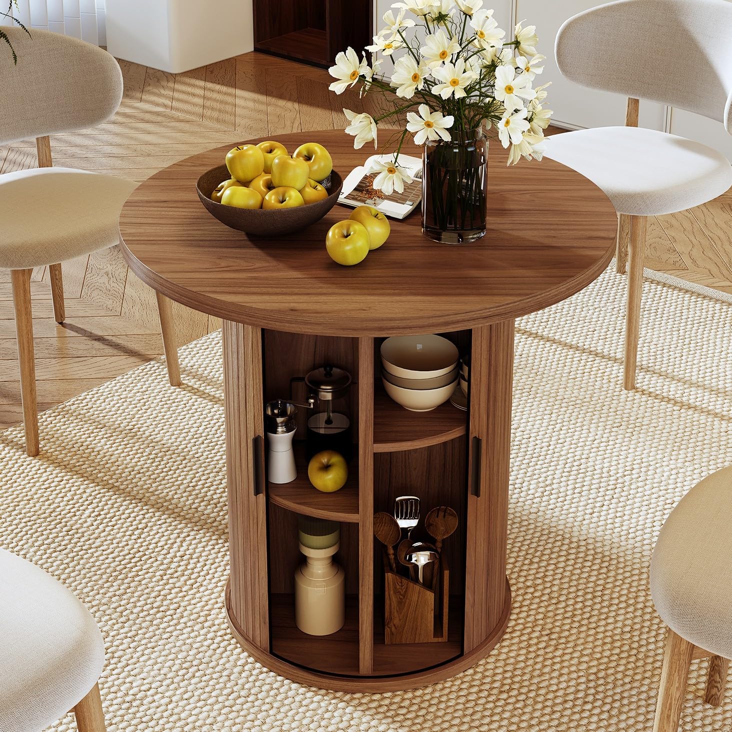 Hawthyhome 80cm Round Dining Table with Hidden Storage, Modern Kitchen Pedestal Table with Slatted Sliding Door, Small Circular Wood Table for 2-4 Persons [Walnut Finish]