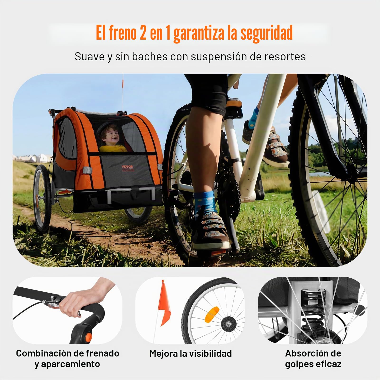 VEVOR Remolque de Bicicleta para Niños Asiento Doble Carga 40 kg Portaequipajes Transformable en Cochecito Remolque de Bicicleta para Niños Plegable con Enganche Universal para Bicicleta, Naranja Gris